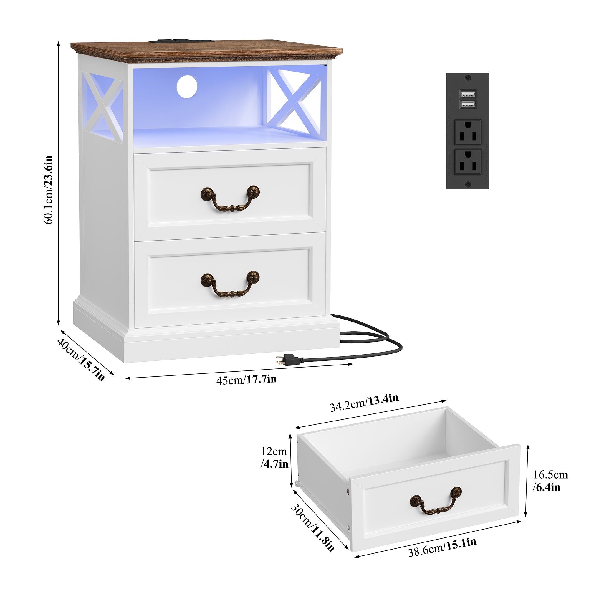 Hiphuta Farmhouse Set of 2 Nightstands with Charge Station, Wood End Table with 3 Drawers for Adult Bedroom, LEDS Bedside Table for Living Room, White