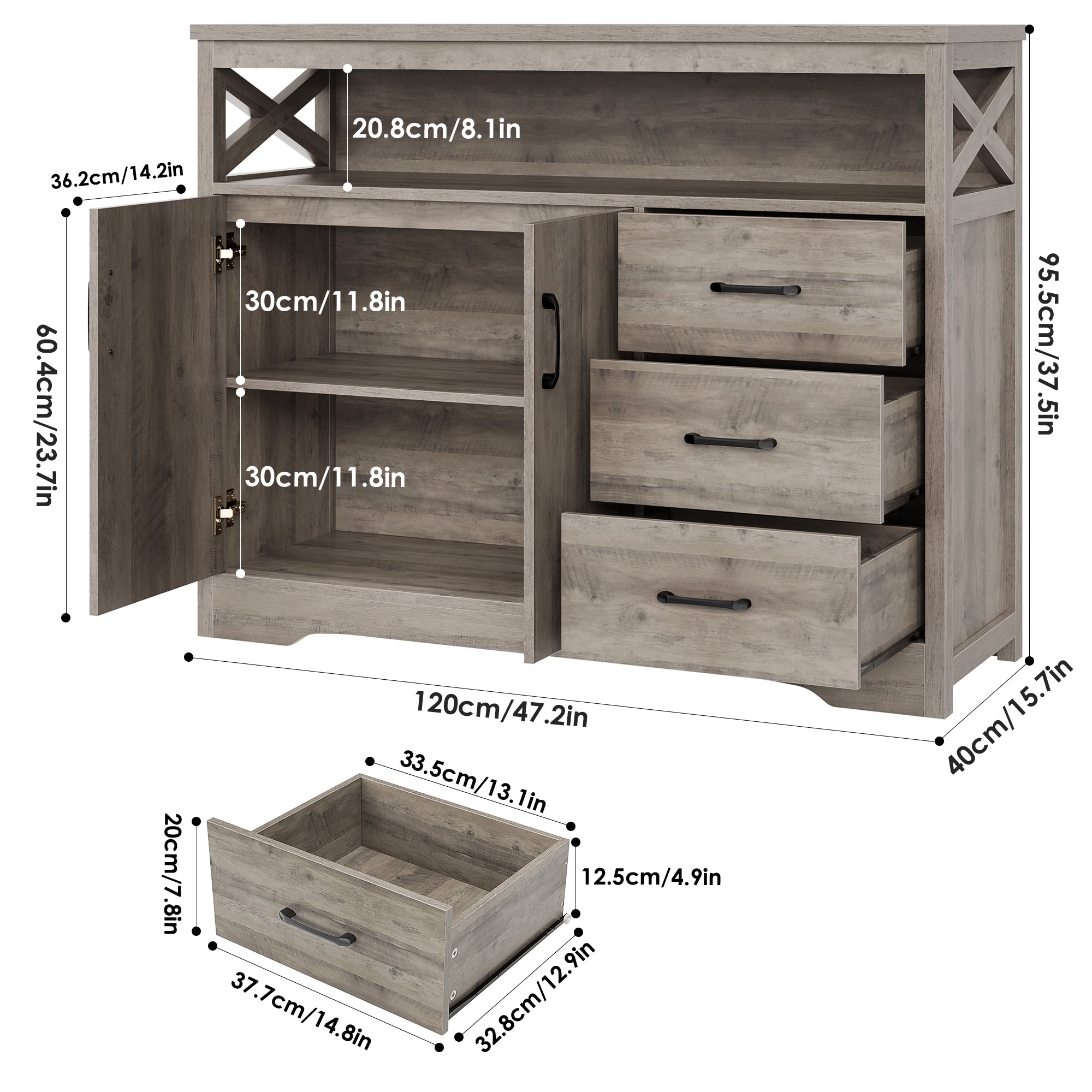 Hiphuta 47.2” Wide Buffet Sideboard, Farmhouse 3 Drawer Credenza Cabinet with 2 Doors, Ash Gray