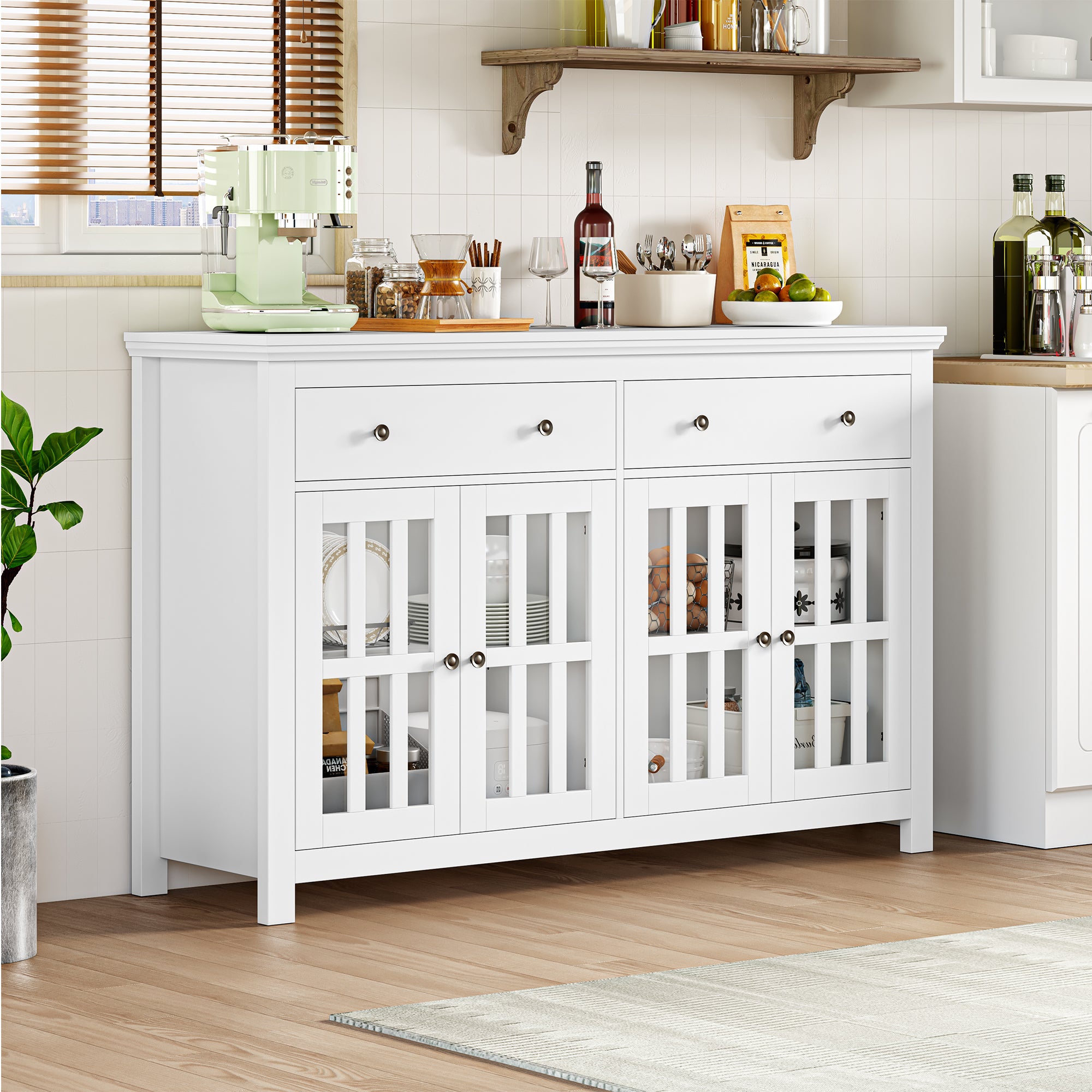 Hiphuta 55” Large Modern Buffet Sideboard, Kitchen Pantry Storage Cabinet with Glass Doors &amp; 2 Large Drawers, White