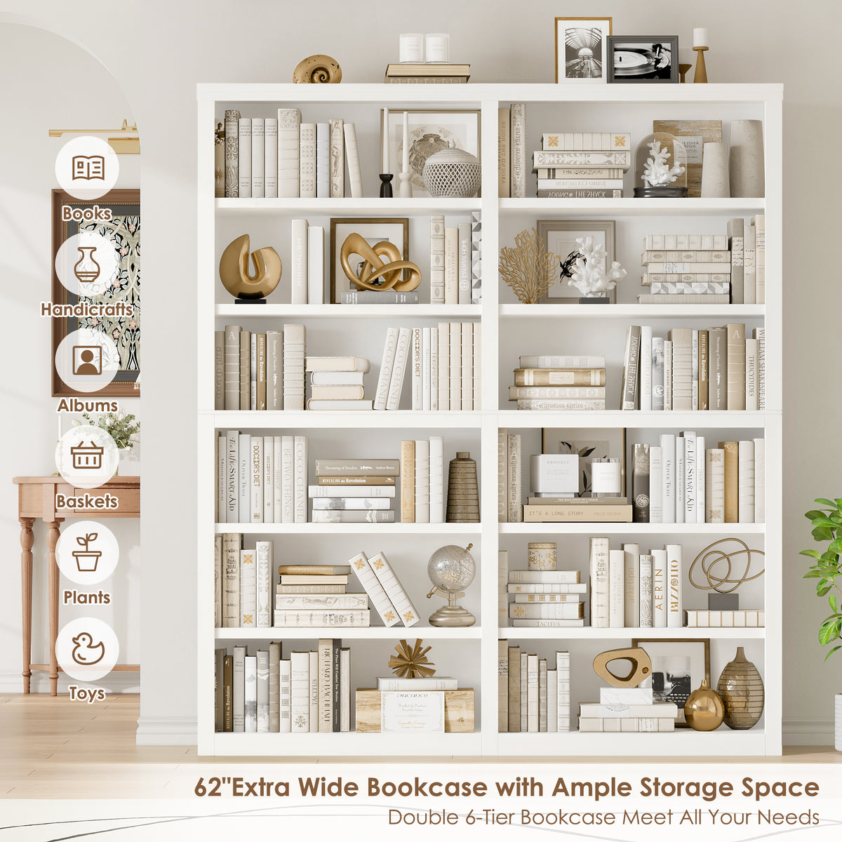 Hiphuta 63"W Extra Large and Sturdy Bookcase, Double Wide 6-Tier Bookshelf, For Home Office and Living Room, Wooden Freestanding Display Shelf, White