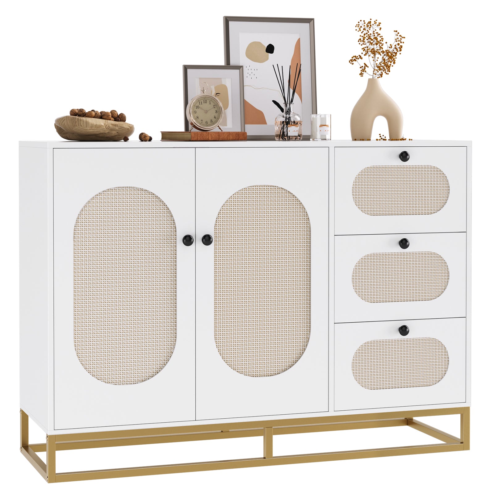 Hiphuta Accent Cabinet with 3 Rattan Drawers & 2 Rattan Doors, Sideboard with Display Shelf for Living Room, White