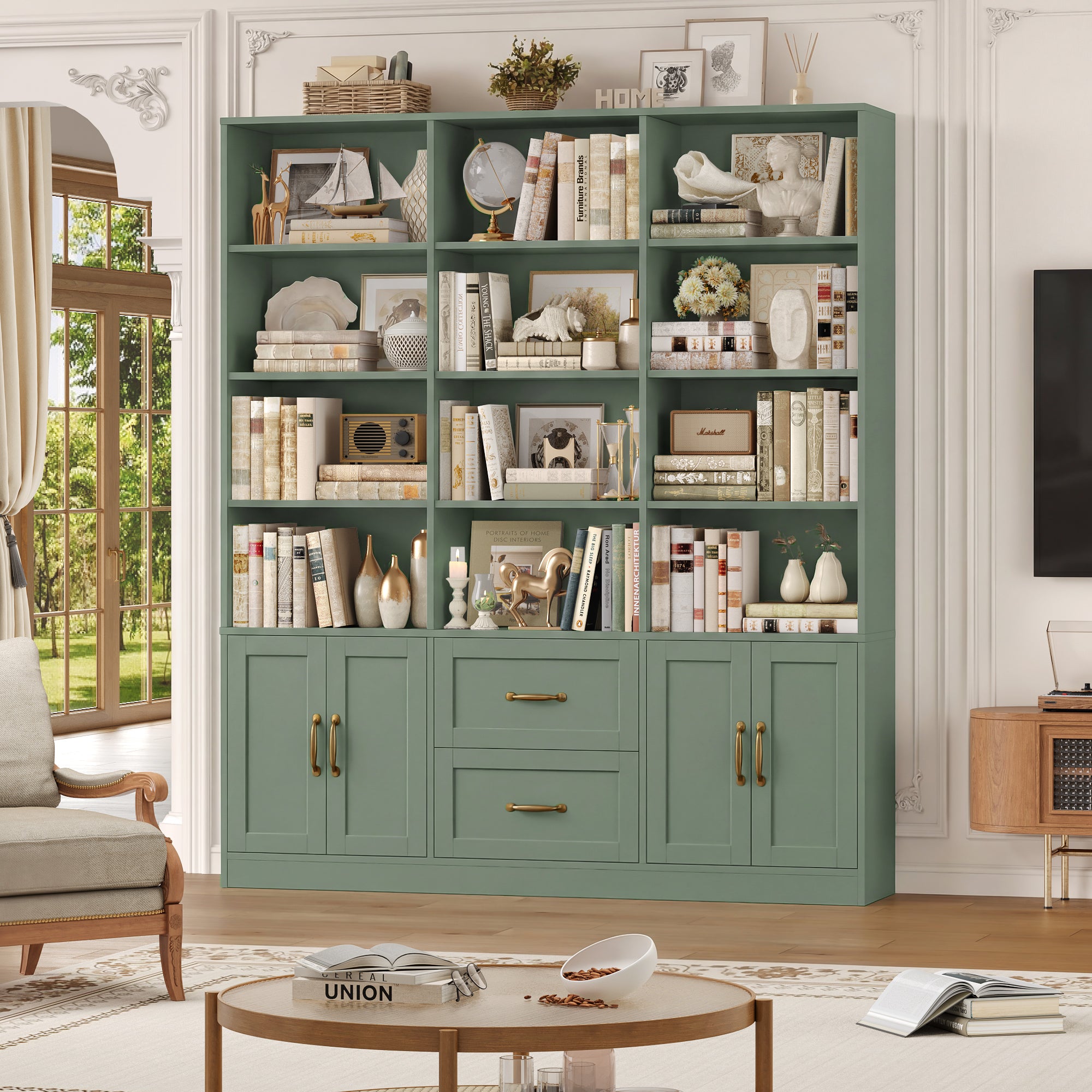 Triple Row 4-tier Bookcase, Large Bookcase with 4 Doors and 2 Drawers, Modern Minimalist Bookcase for Office Living Room, Green