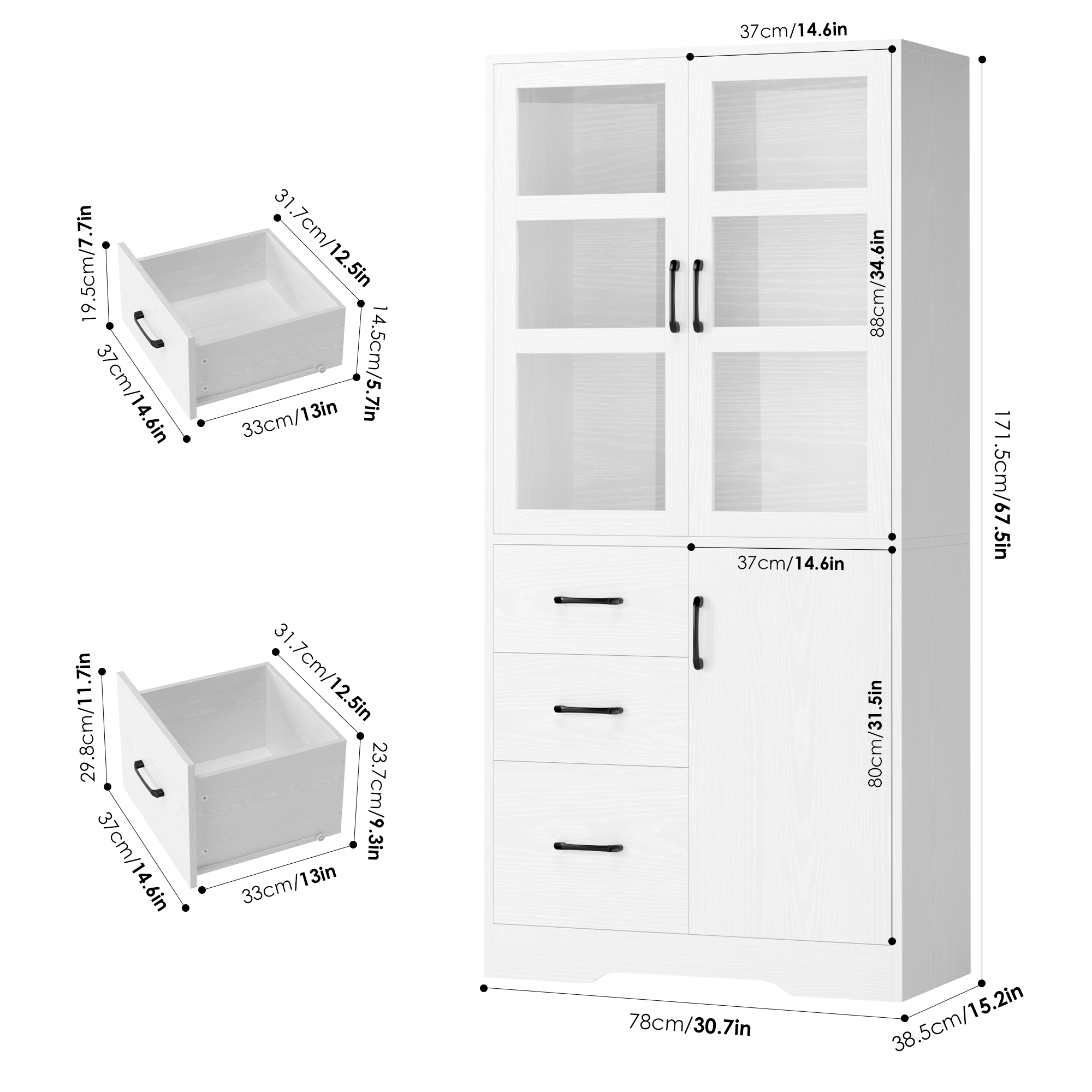 Hiphuta 67.5" Tall Standard Bookcase with Drawers & Doors, Wooden Storage Bookshelf for Home Office, White