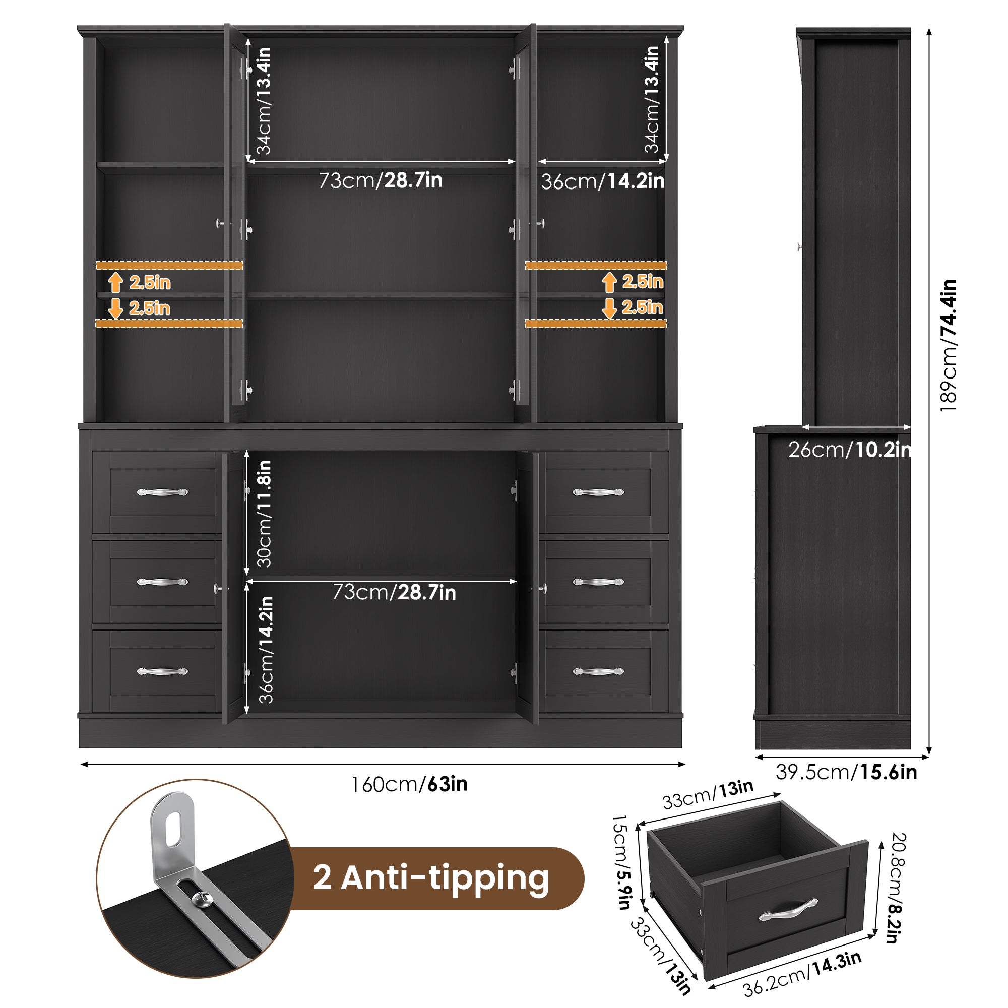 Hiphuta Kitchen Pantry Cabinet with Glass Door, 74" Tall Large Bookcase with drawer and Door, Large Storage Cabinet for Kitchen, Dining Room, Office, Black