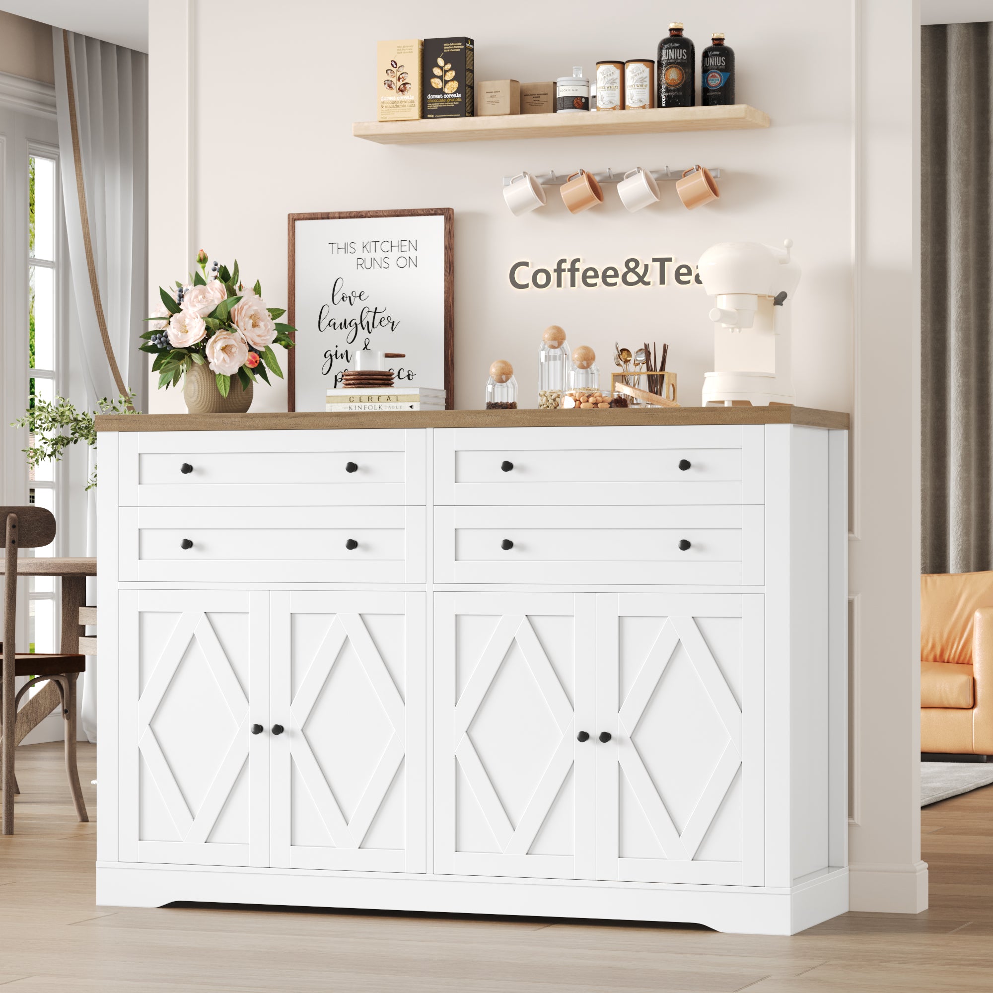 Hiphuta 55" Wide Farmhouse Buffet Storage Cabinets with 2 Adjustable Shelves & 4 Drawers for Living Room, White