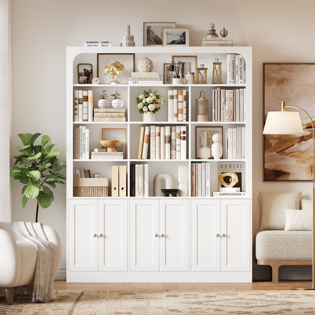 Hiphuta 71" Tall 4-Tier Bookcase with 10 Open Cubes, 56" Wide Extra Large Display Bookshelf with 4 Doors, for Living Room Home Office, White