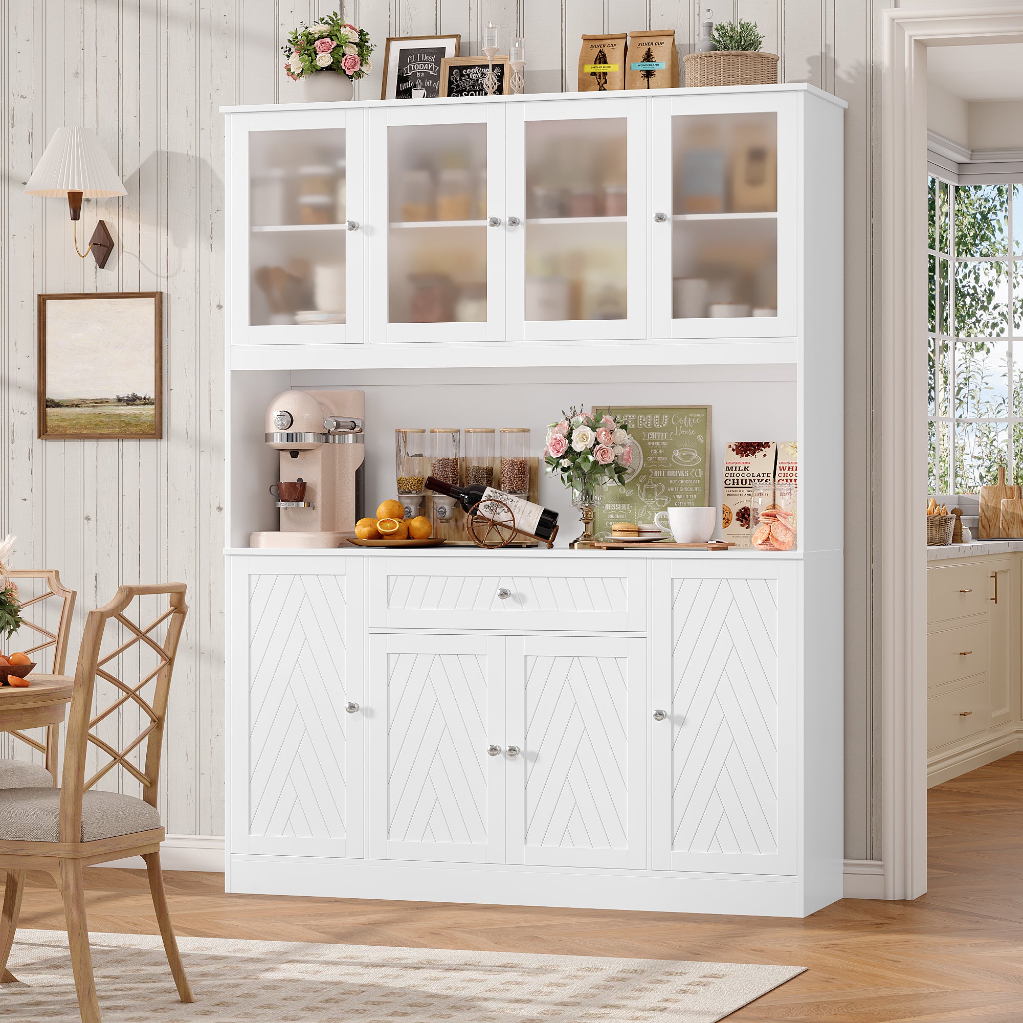 Hiphuta 72" H Kitchen Pantry Cabinet with Frosted Glass Door, Farmhouse Kitchen Storage Cabinet with Cable Management, Large Kitchen Hutch for Kitchen Dining Room,White