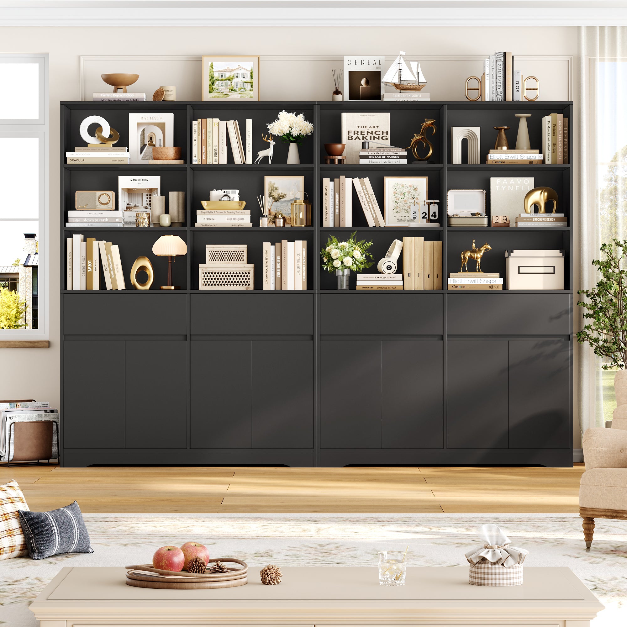 Hiphuta 69"H Modern Bookcases with Doors & Drawers, Large Wooden Display Shelf for Home Office, Wooden Storage Bookshelf for Living Room, Black