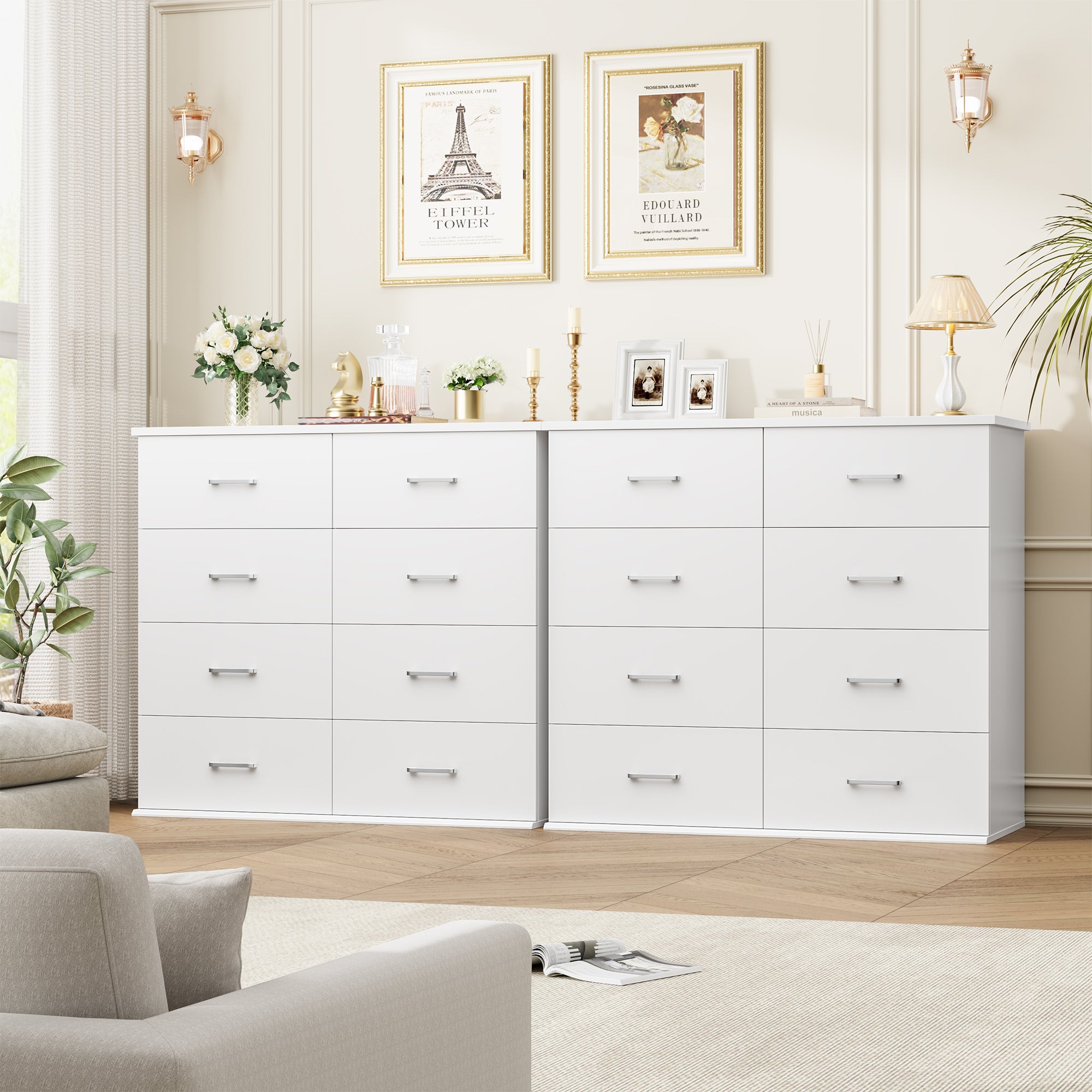 Hiphuta Modern 8 Drawer Dresser for Bedroom with Metal Handle, Large Double Dresser Organizer, Wood Chest of Drawers, White