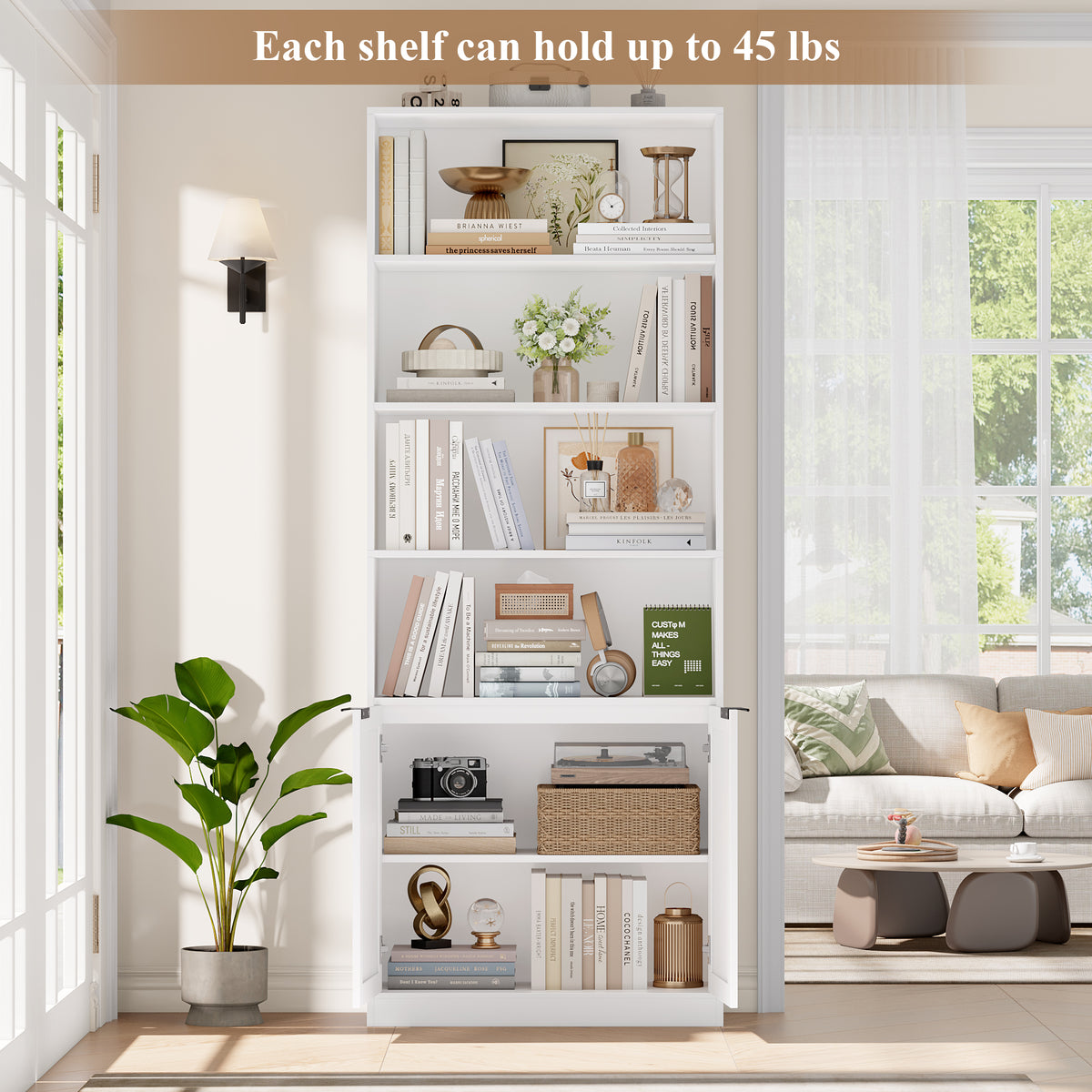Hiphuta 73" Tall 6 tier Bookcase, Minimalist Single Row Bookshelf with 2 Doors, Modern Wooden Bookcase for Office, Living Room, White