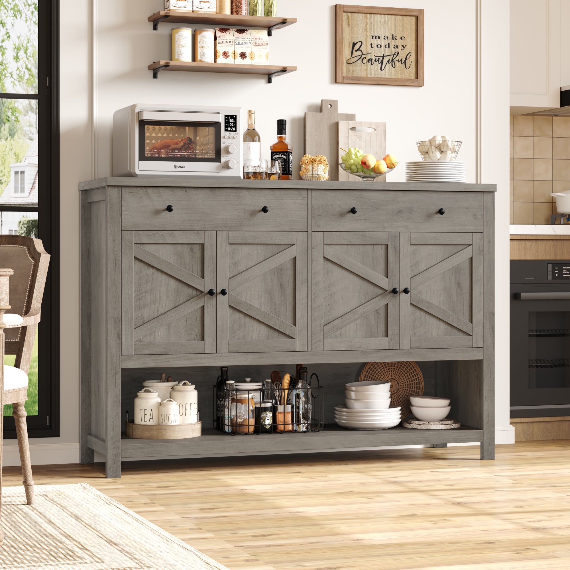 Hiphuta 55" Wide Console Table with 2 Drawers and 2 Double-Door Cabinet, Farmhouse Sideboard, Ash Gray