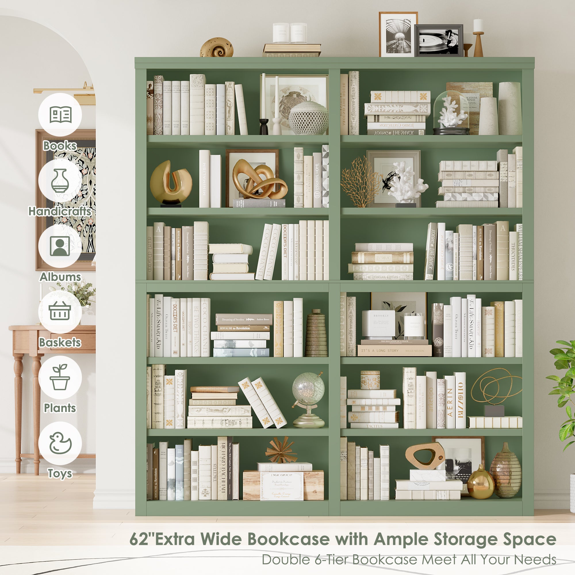 Hiphuta 63"W Extra Large and Sturdy Bookcase, Double Wide 6-Tier Bookshelf, Tall Bookcase for Home Office and Living Room, Wooden Freestanding Display Shelf, Green