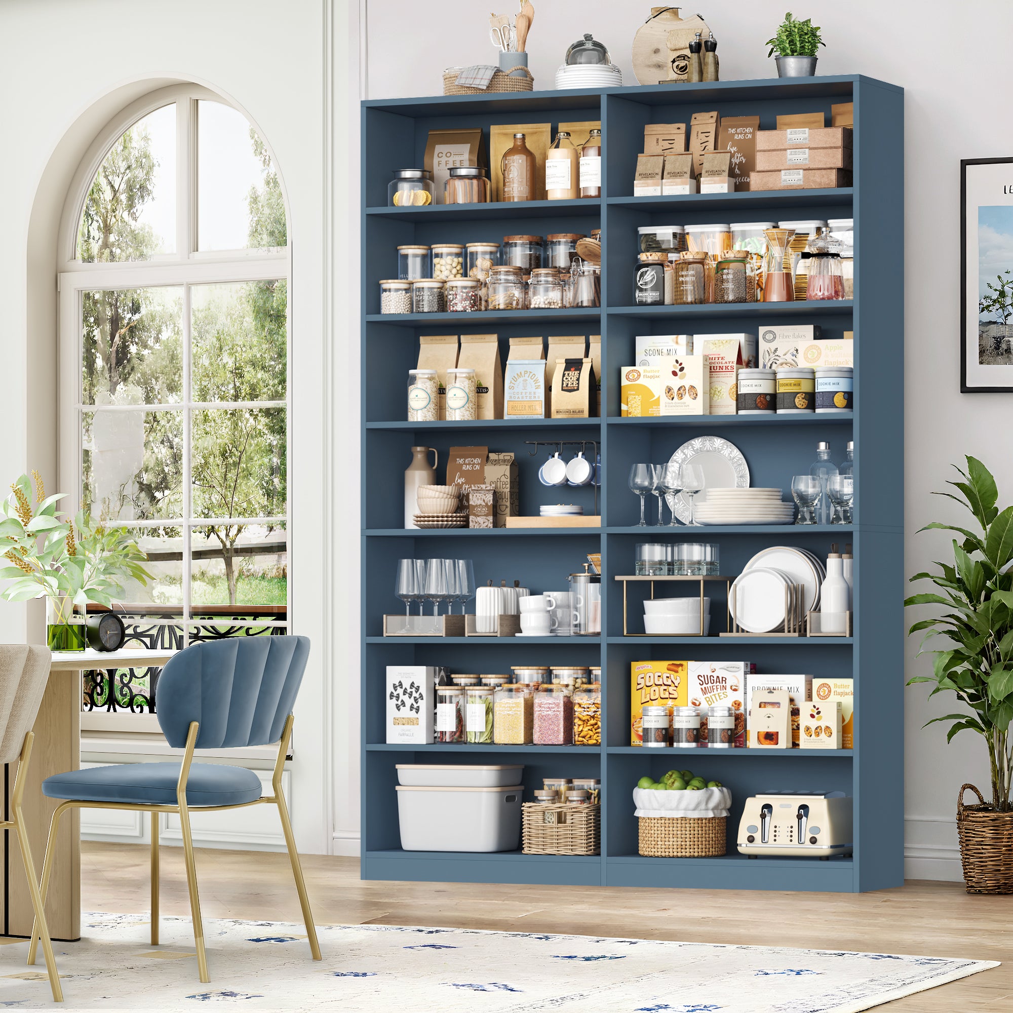 Hiphuta 83.6"H x 47.2"W Wood Double 7-Tier Standard Bookcase, Tall Bookcase for Bedroom, Living Room and Office, Freestanding Display Storage Shelves, Blue