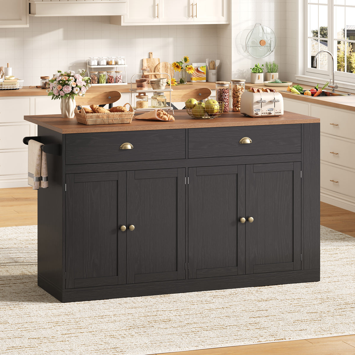Hiphuta 63" Large Kitchen Island Cart with Storage, Rolling Island Table with Adjustable Shelves and 4 Drawers, Movable Buffet Cabinet for Dining room, Black