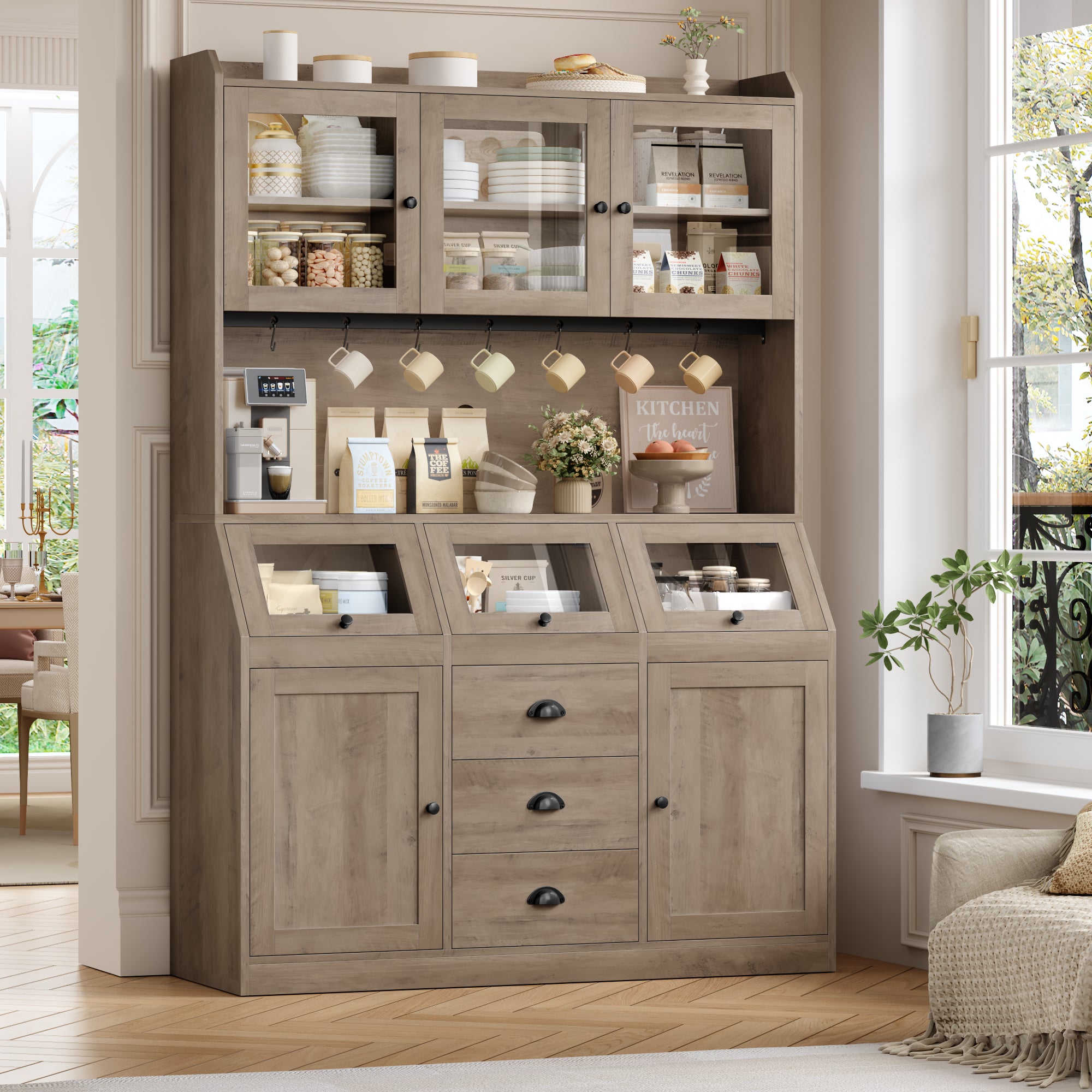 Hiphuta Farmhouse Kitchen Pantry Storage Cabinet, 71”H Freestanding Hutch with 8 Doors and 3 Drawers for Dining and Living Room, Brown