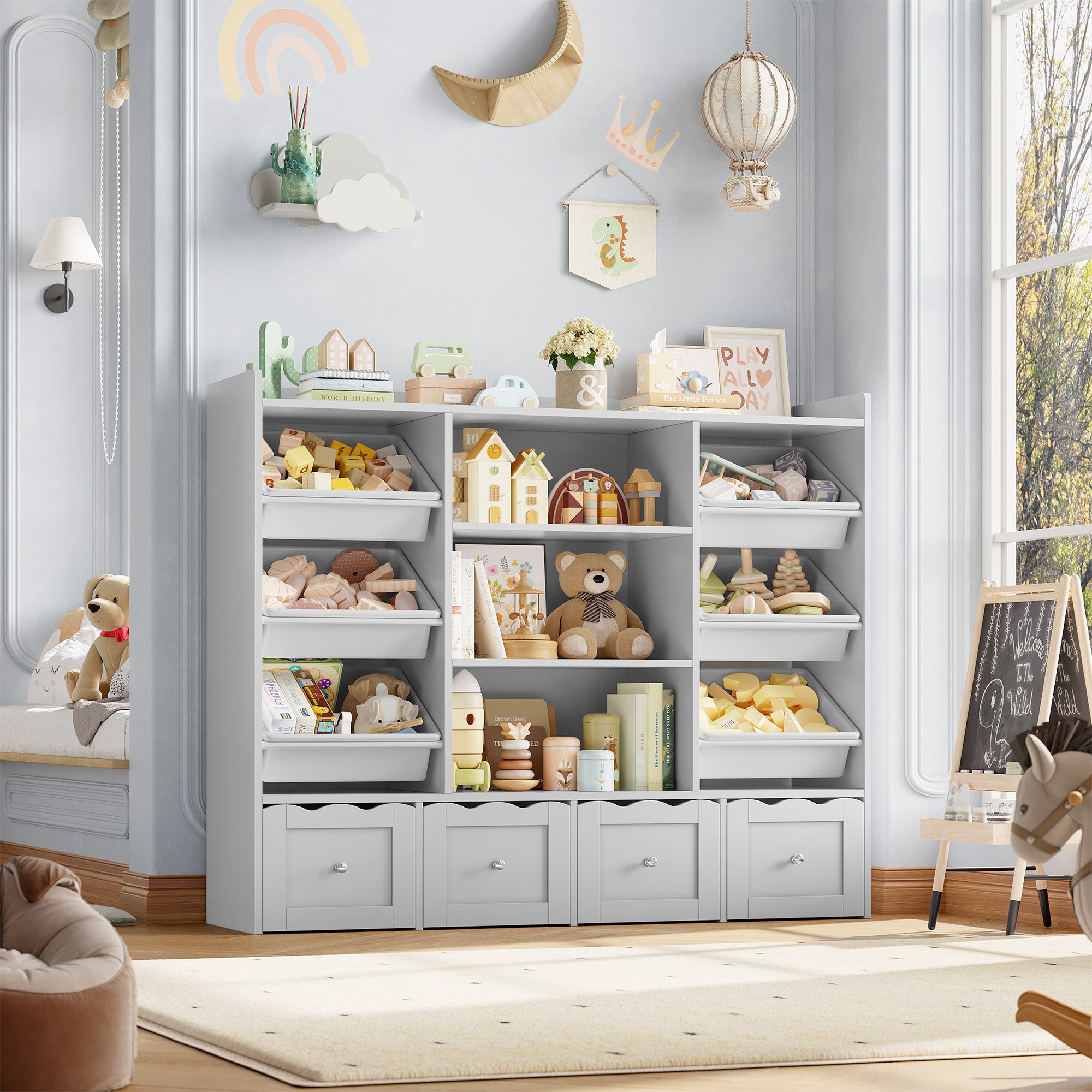 Hiphuta 55" Wide Toy Storage Organizer with 4 Removable Drawers, 4-Tier Kid Bookcase with 6 Bins, Toy Organizer with Bookcase for Kid Bedroom Playroom, Gray