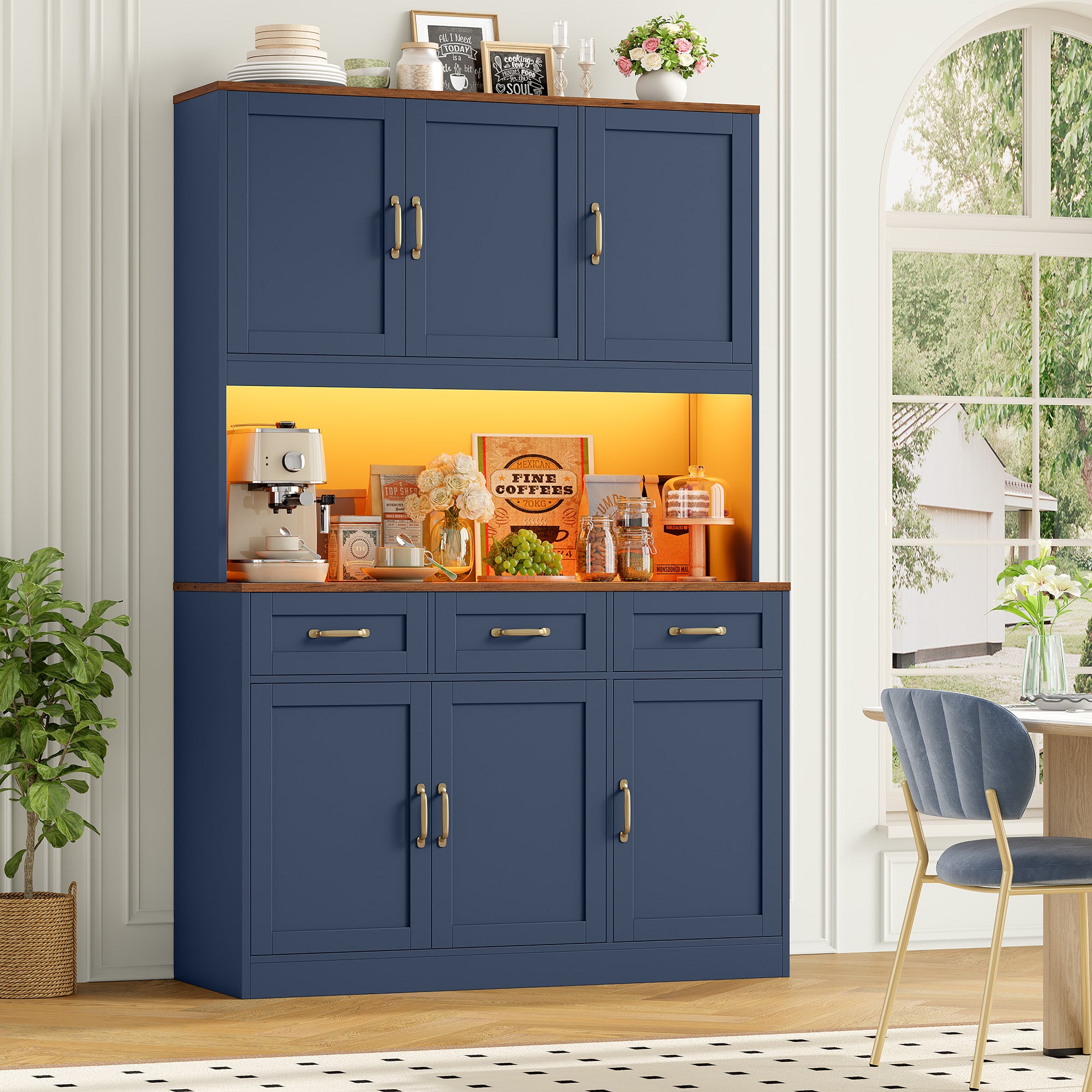 Hiphuta 72" Tall Kitchen Pantry Storgae Cabinet with RGB LED, Hutch Cabinet with Charging Station and Adjustable Shelves for Dining Room, Blue