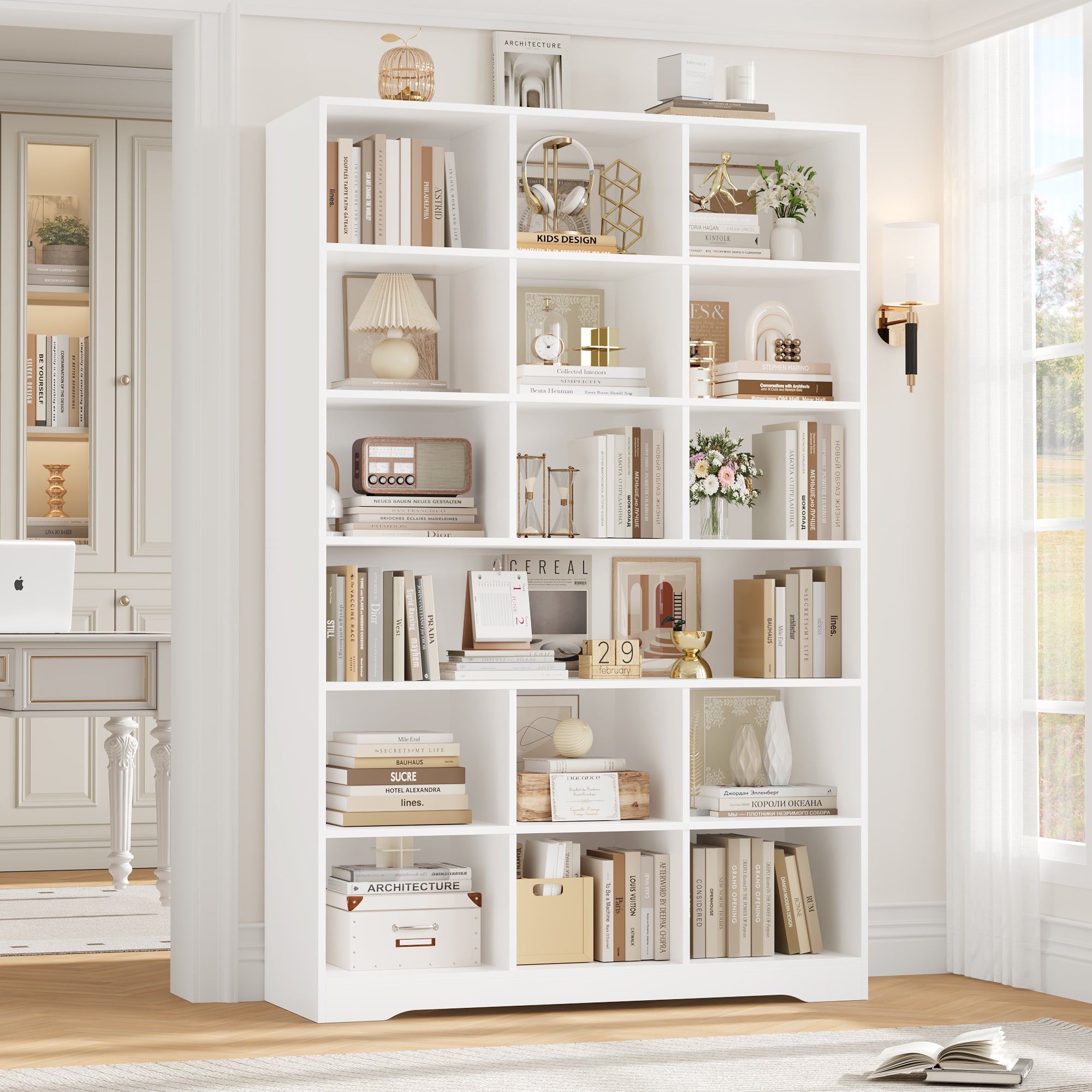 Hiphuta 75"Tall Bookcase with Storage, 6 Tier Wooden Bookshelf with Doors for Living Room, 47"Wide Wood Display Shelves with Book Storage Cabinet for Home Office Entryway, White