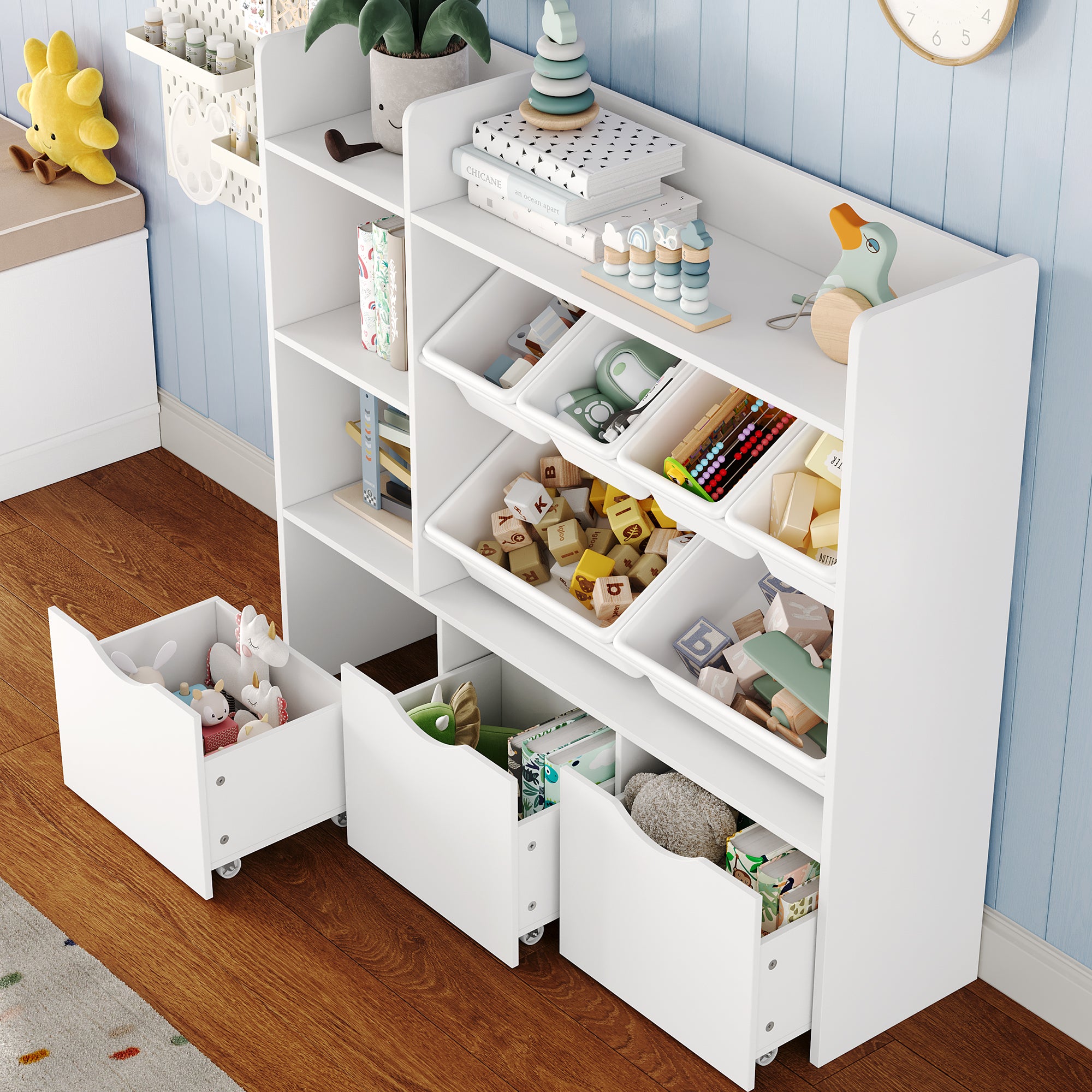 Hiphuta Kid’s Toy Storage Organizer, Wood Toy Organizer of 6 Bins & 3 Removable Drawers, Children's Bookcase, White