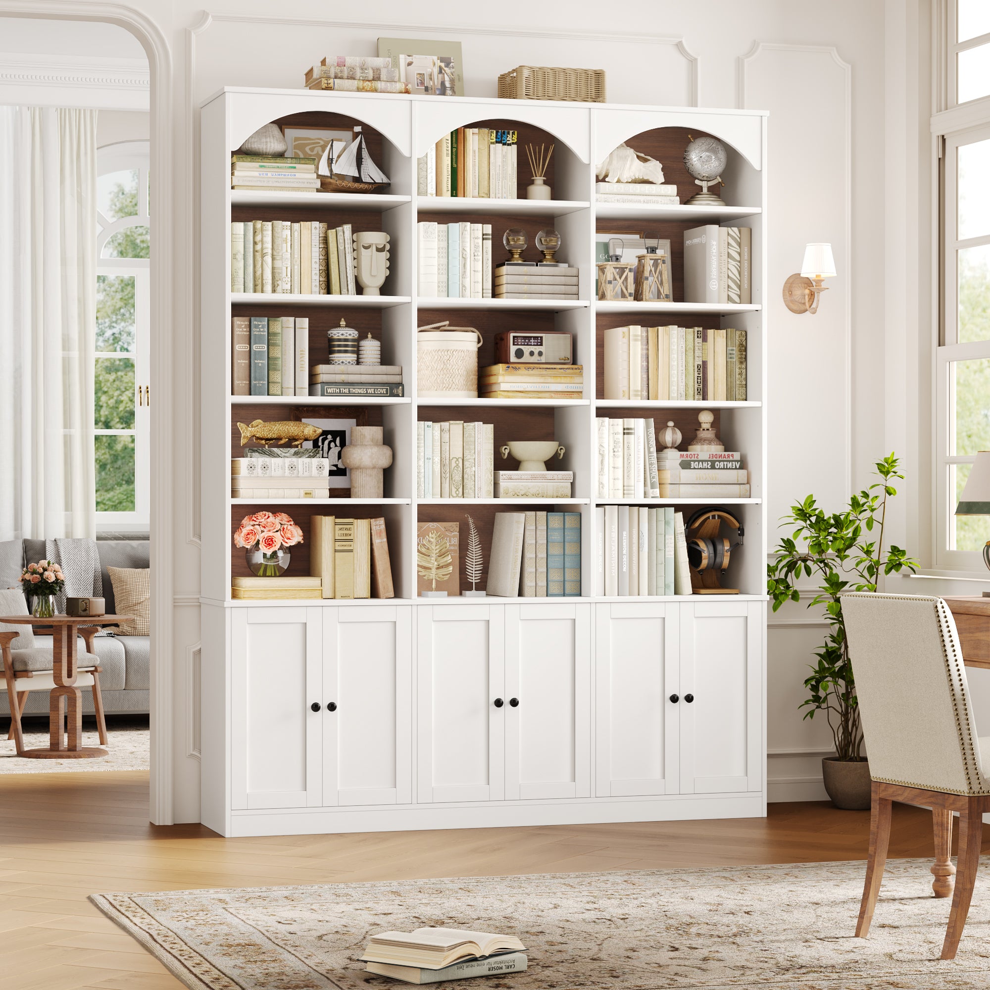 Hiphuta 78" Tall Triple Wide Bookcase with 6 Adjustable Shelves, Large Arched Book Shelf with 15 Cubes and 6 Doors, for Home Office Living Room, White & Walnut