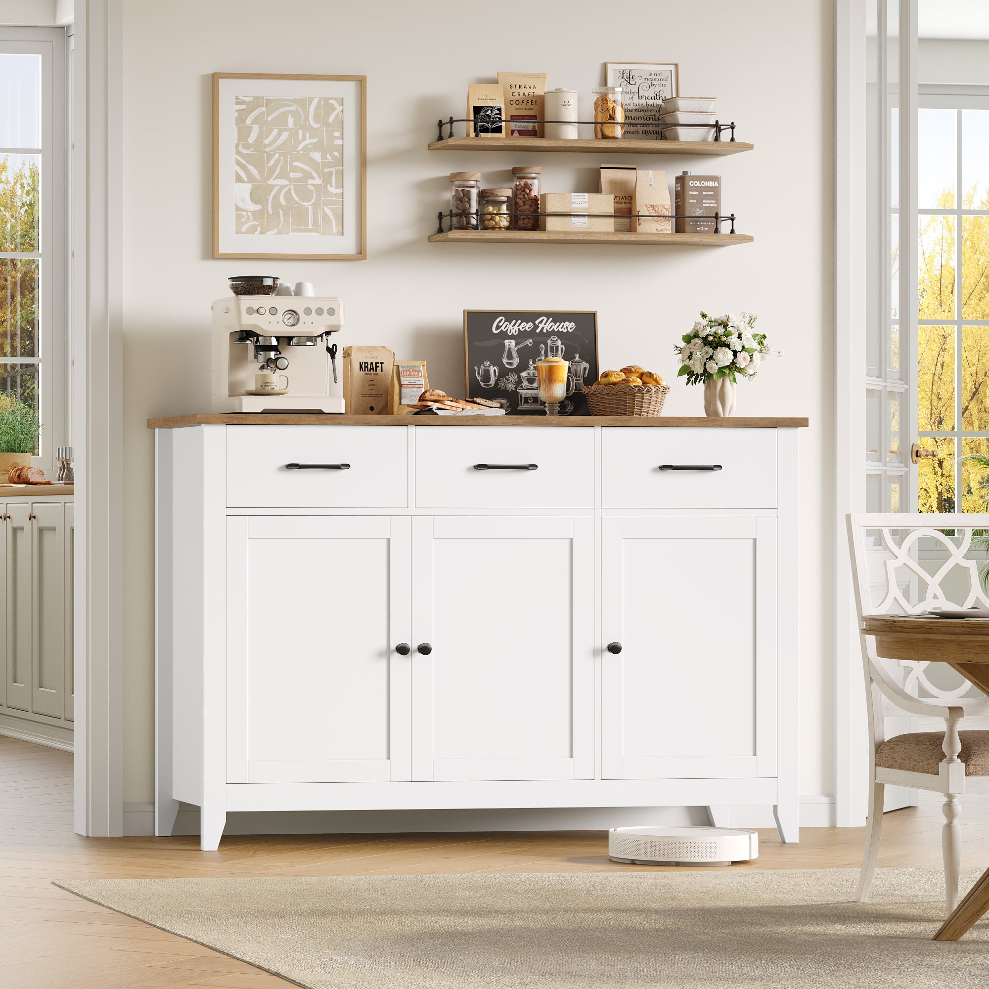 Hiphuta 47"W Buffet Cabinet with Adjustable Shelf, Modern Farmhouse Coffee Bar with 3 Drawers and Sturdy Base for Small Space and Living Room, White