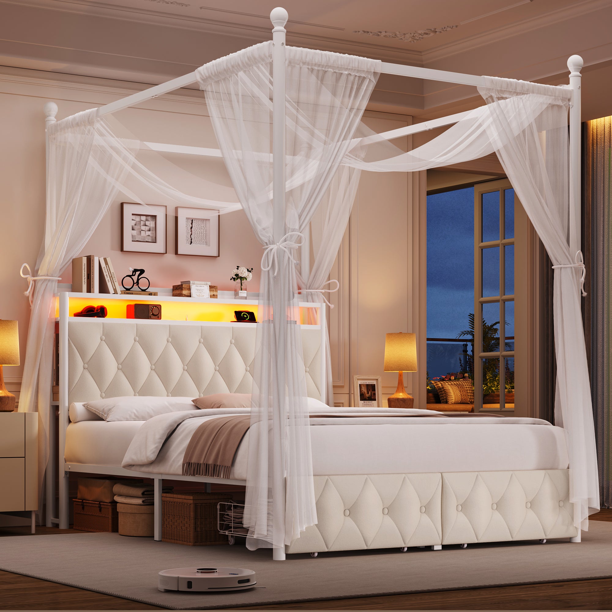 Hiphuta Full Size Upholstered Canopy Bed with Charging Station & Storage Drawer, Metal Platform Bed with Button Tufted Headboard, Full Bed for Kids, Curtain Not Included, Beige