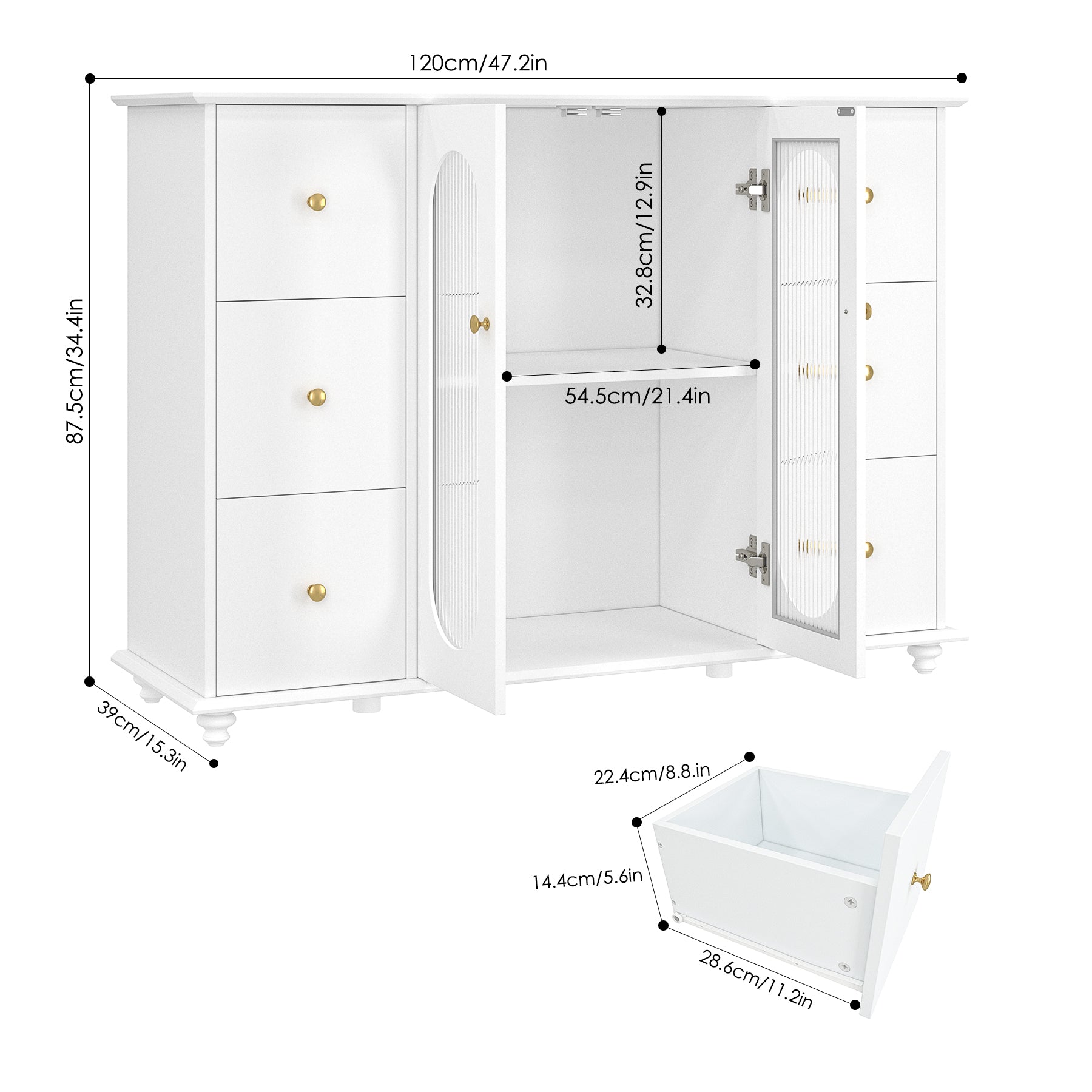 Hiphuta 47.2'' Buffet Cabinet, Kitchen Storage Cabinet with 6 Drawers and 2 Glass Doors, Wood Coffee Bar Cabinet for Living Room, White