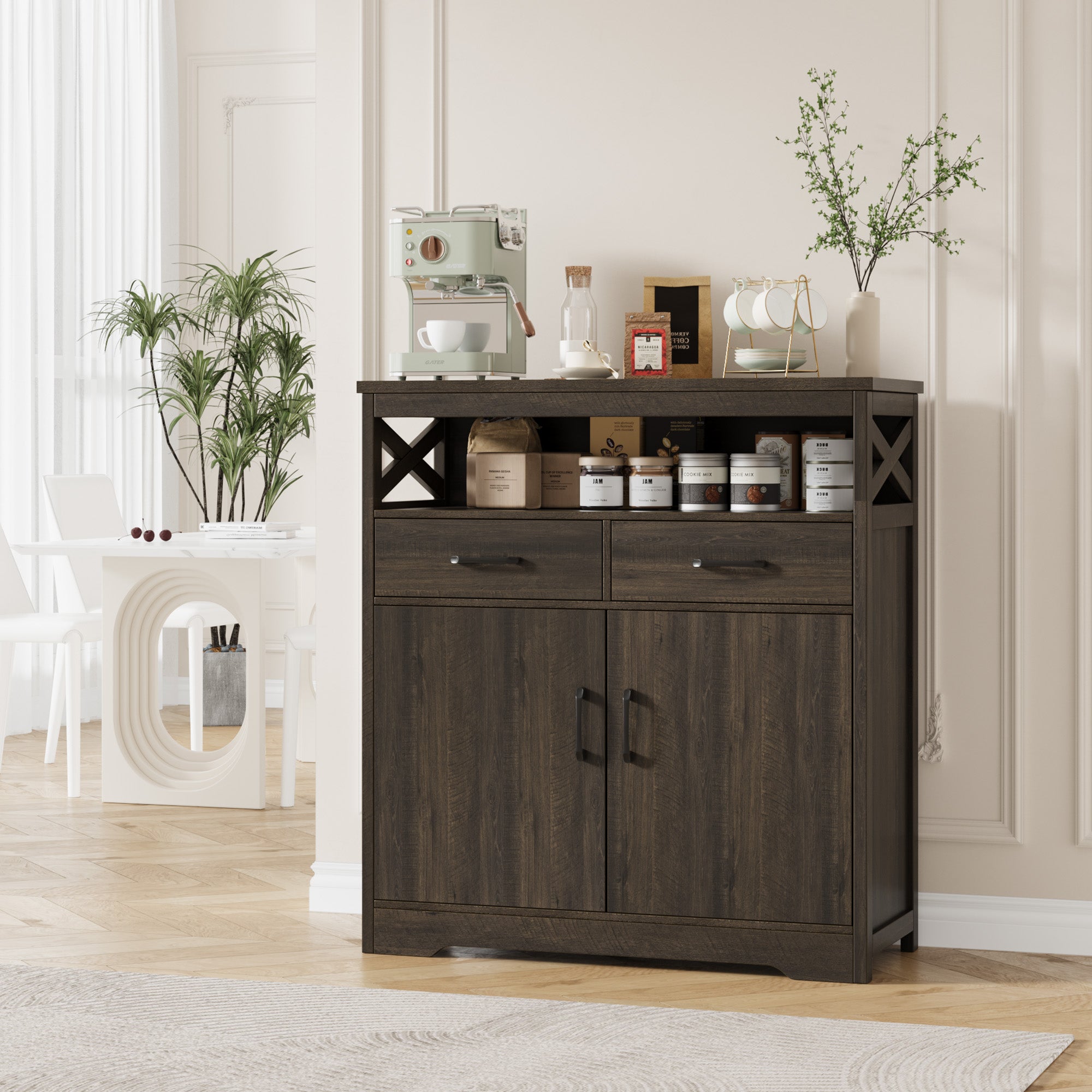 Hiphuta Modern Farmhouse Buffet Sideboard, Wood Cabinet with Shelves, Doors & 2 Drawers, Coffee Bar, Floor Cabinet Cupboard for Living Room, Dark Brown