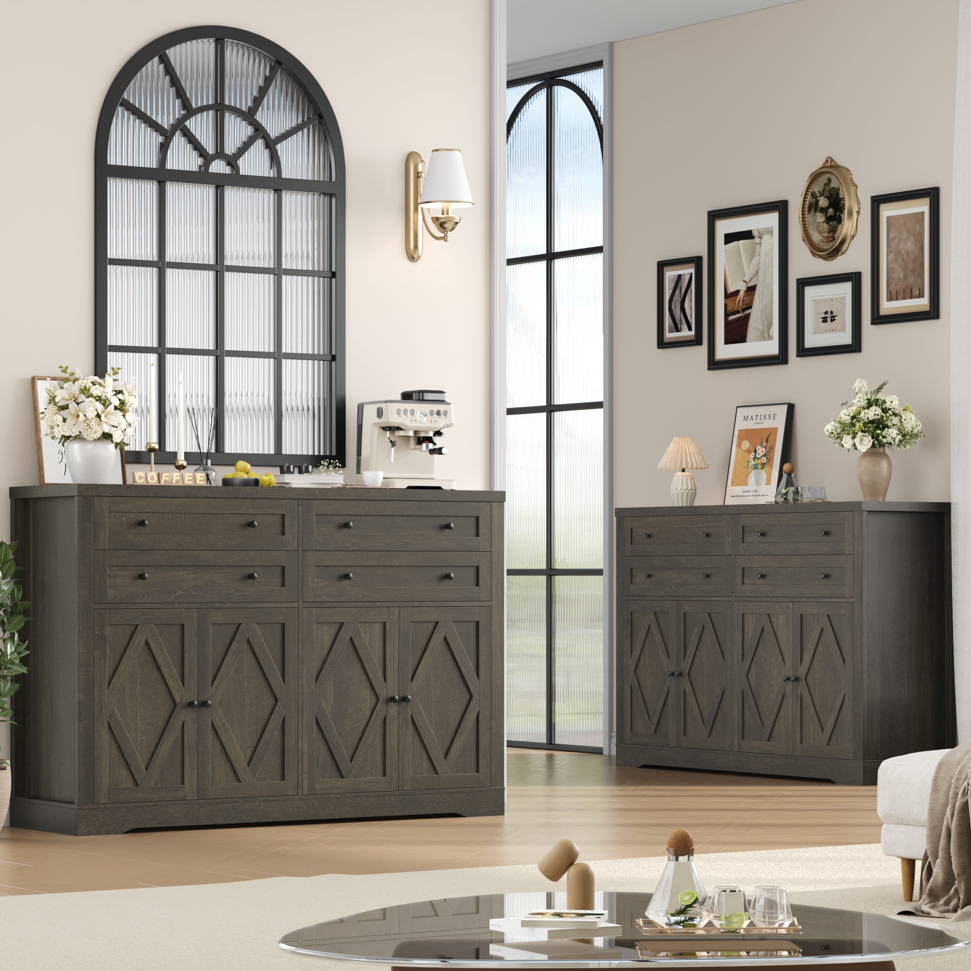 Hiphuta 55" Wide Farmhouse Buffet Storage Cabinets with 2 Adjustable Shelves & 4 Drawers for Living Room, Dark Brown