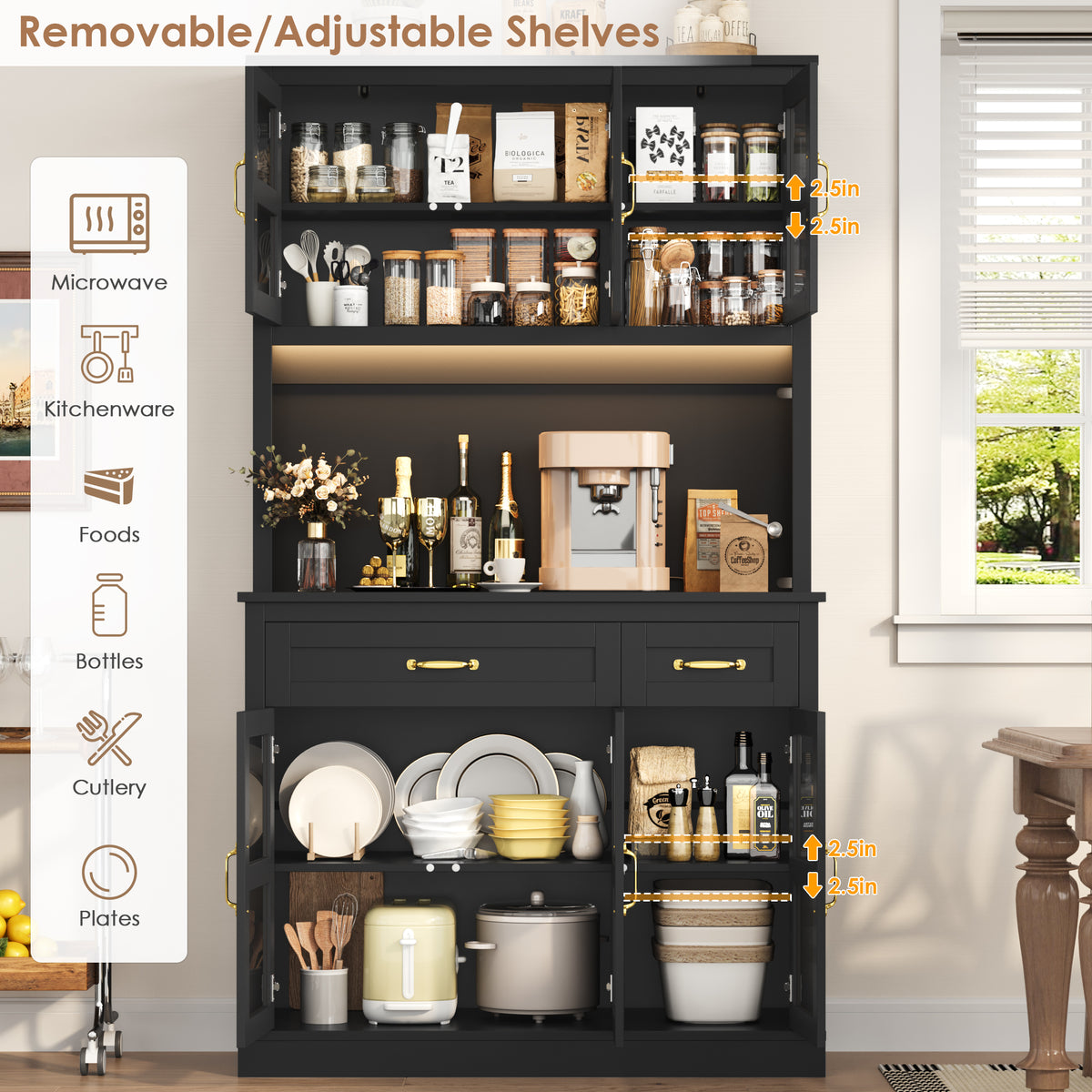 Hiphuta 71" Pantry Cabinet with Charging Station, Kitchen Pantry Storage Cabinet with Microwave Stand & Wine Rack, Food Pantry Cabinet with Countertop for Dining Room, Black