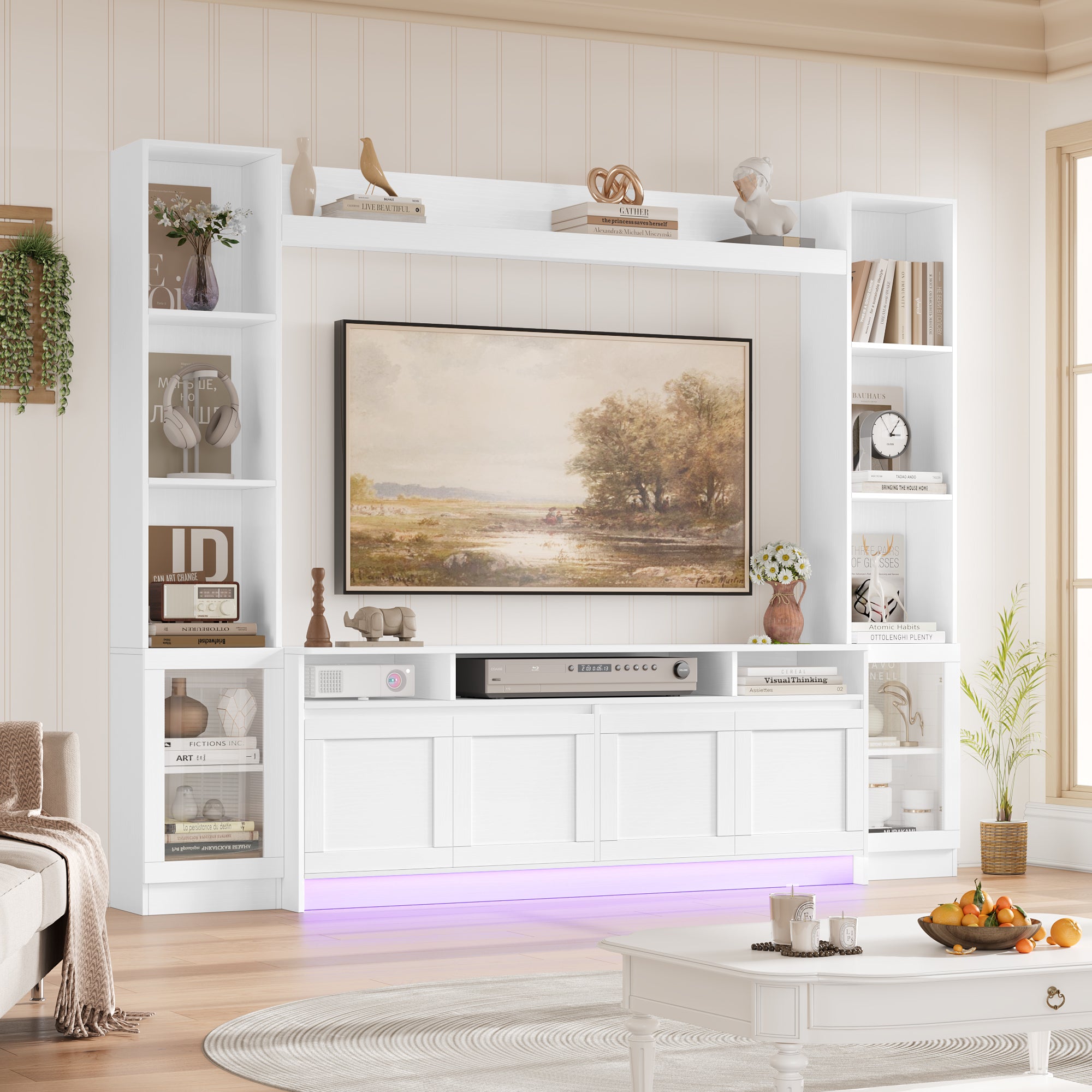 Hiphuta 79" W Wall Unit Entertainment Center for TVs up to 65", Farmhouse Wall Unit TV Stand with Bookshelves and Cabinet, Entertainment Center with LED Lights for Living Room, White