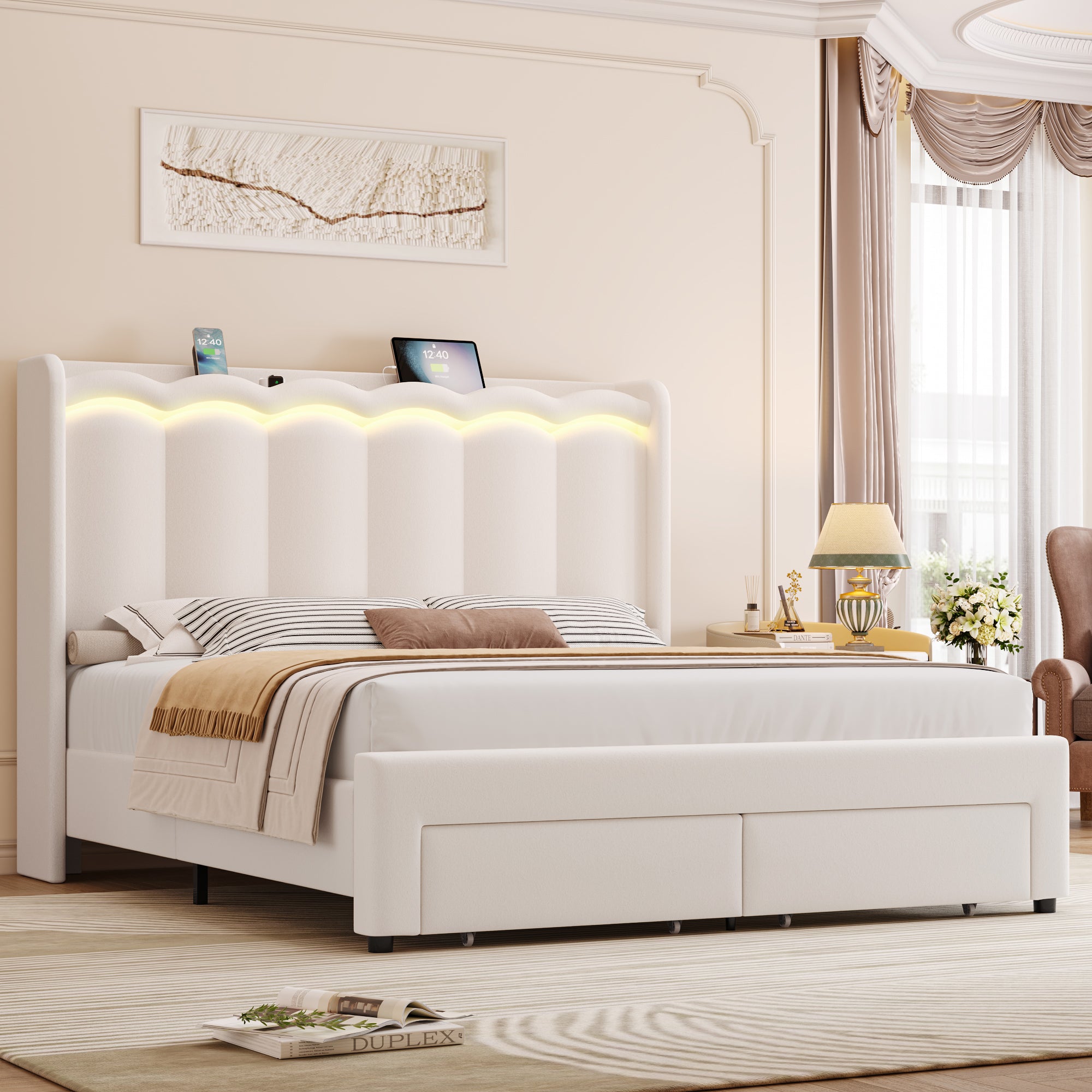 Hiphuta Queen Size Bed with Power Outlet & LED, Upholstered Velvet Beds with Drawer, Queen Beds with Headboard Storage, Beige