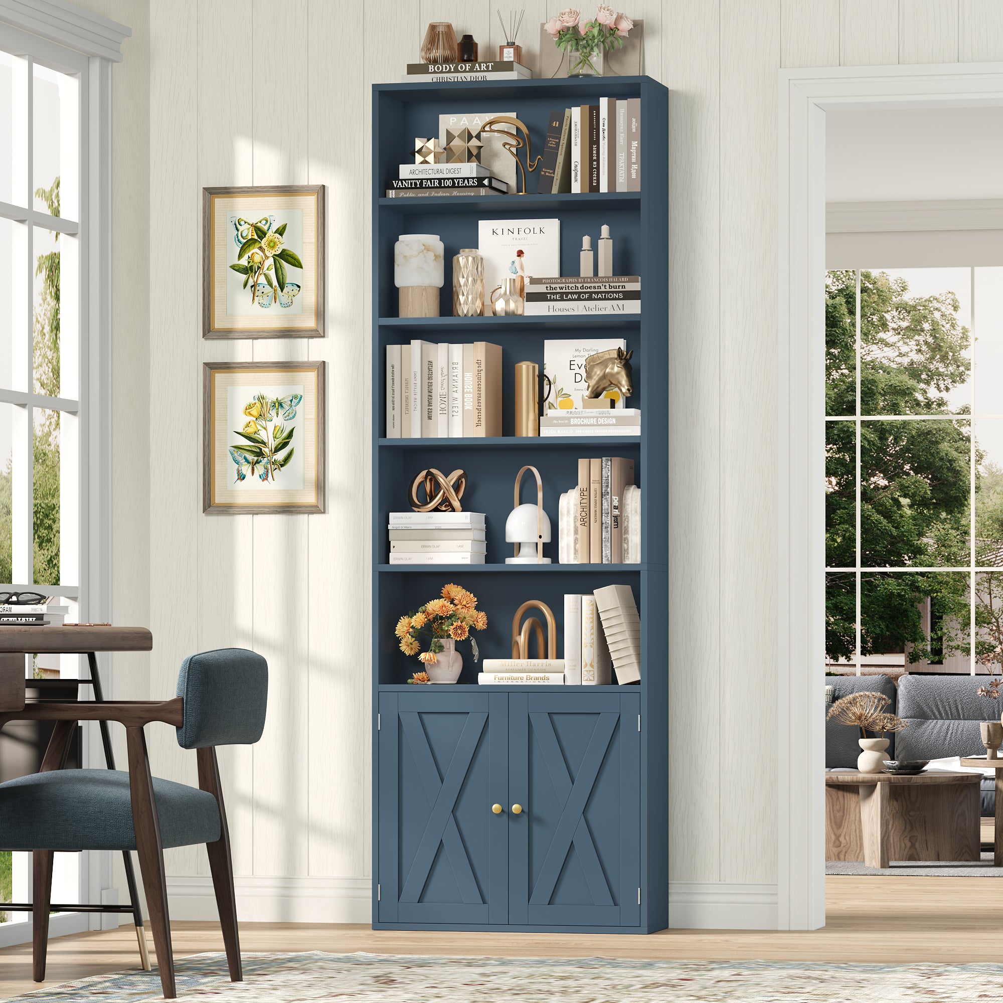 Hiphuta 81.5" Tall Bookcase with Doors, 5-Tier Bookshelves with Storage, 23.6"W Display Shelf with 2 Doors for Home Office, Living Room, Blue