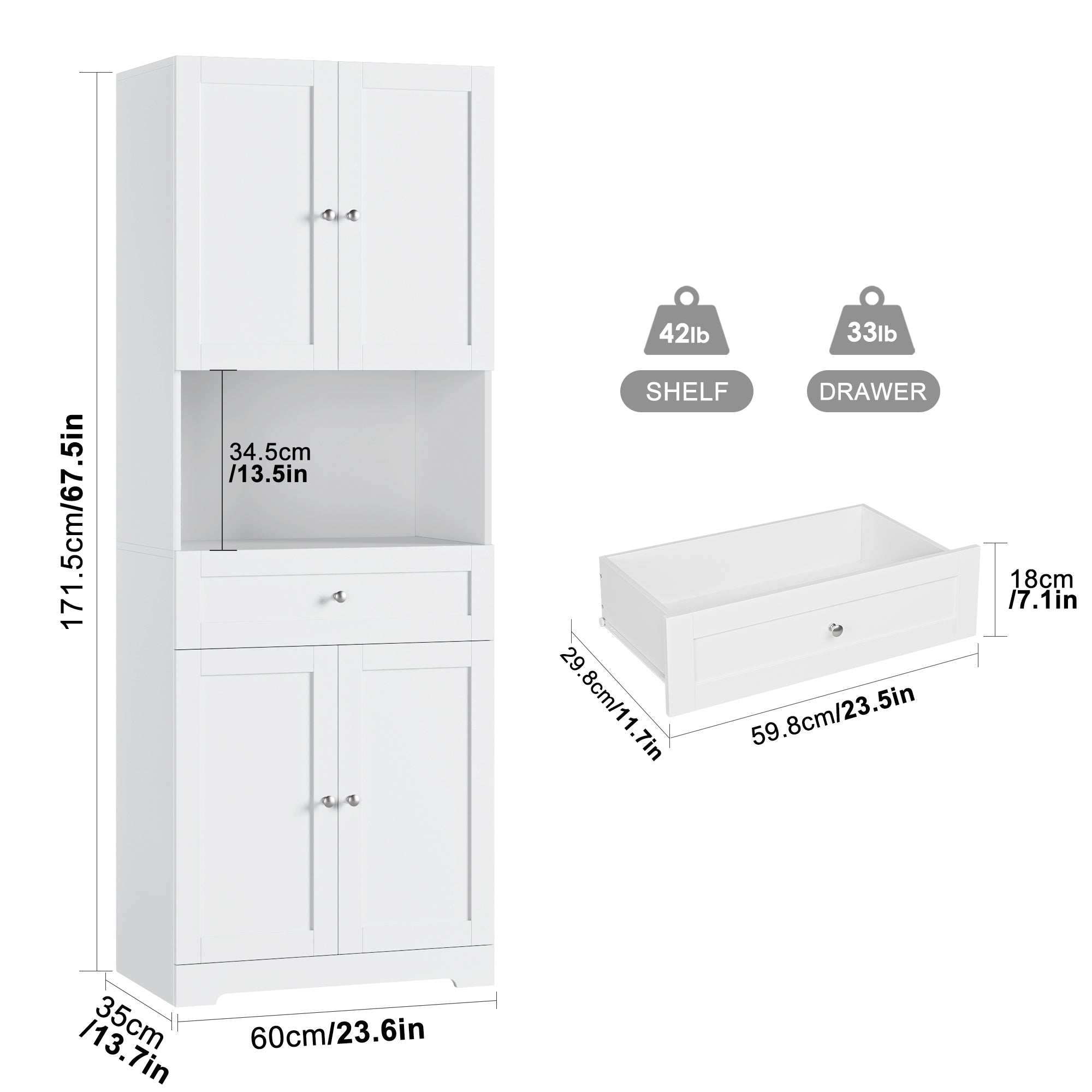 Hiphuta Kitchen Food Pantry Cabinet, 67.5"H Bathroom Storage Cabinet with 1 Drawer & 4 Doors, White