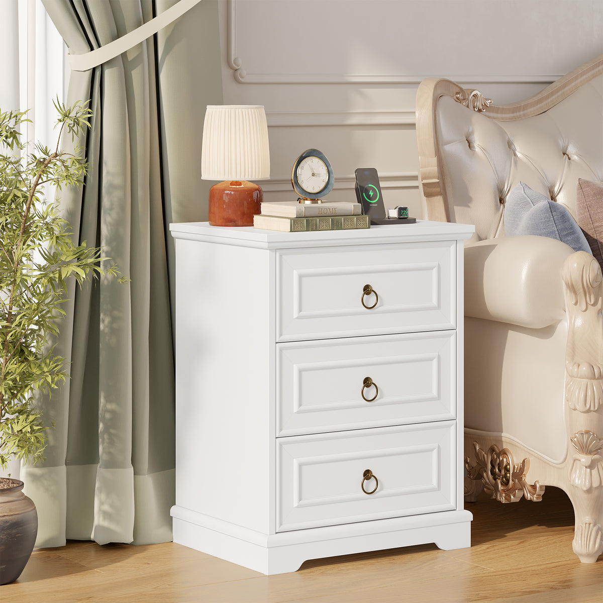 Hiphuta Vintage Nightstand with 3 Large Drawers, Farmhouse Sofa Table with Charging Station, Rustic End Table for Bedroom and Living Room, White