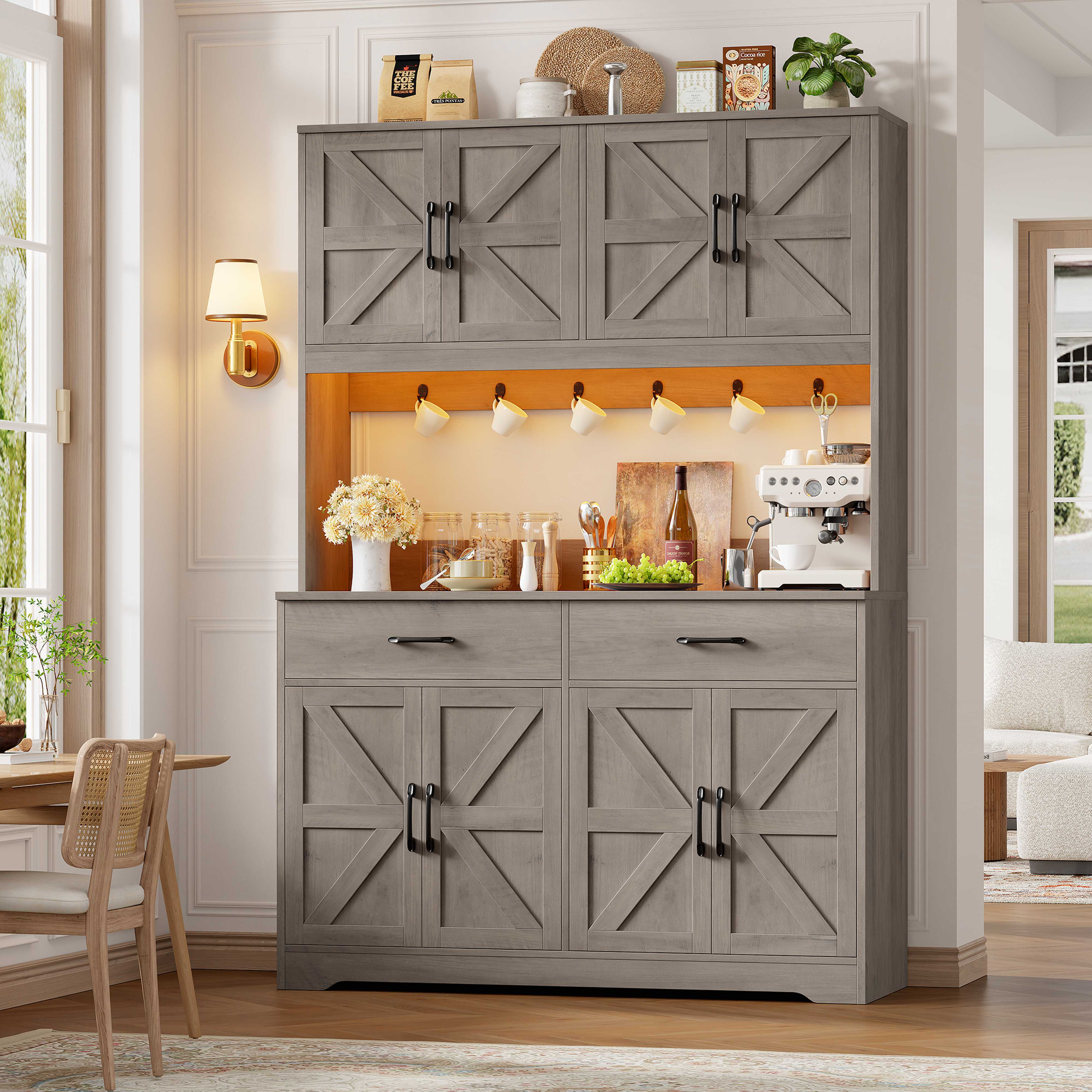 Hiphuta 71" Tall Kitchen Pantry Storage Cabinet with RGB LED and 6 Metal Hooks, Farmhouse Coffee Bar Cabinet with Charging Station, Buffet with Hutch and Microwave Stand, Gray