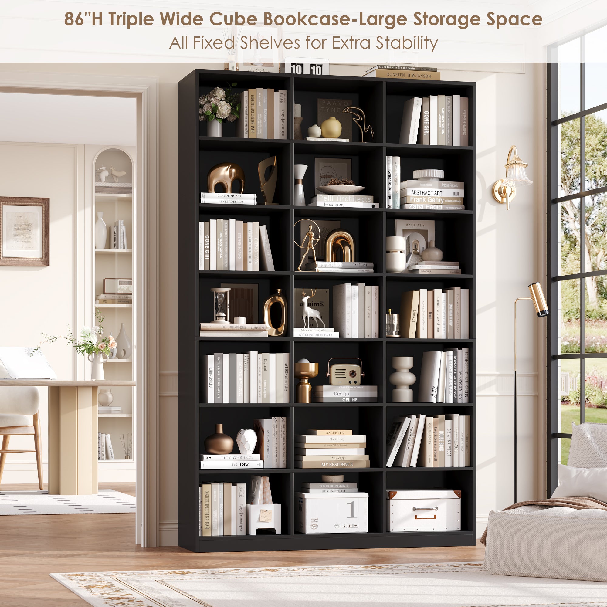 Hiphuta 86"H x 47"W Wood Triple 7-Tier Standard Bookcase, Tall Bookcase for Bedroom, Living Room and Office, Freestanding 21 Cubes Display Storage Shelves, Black