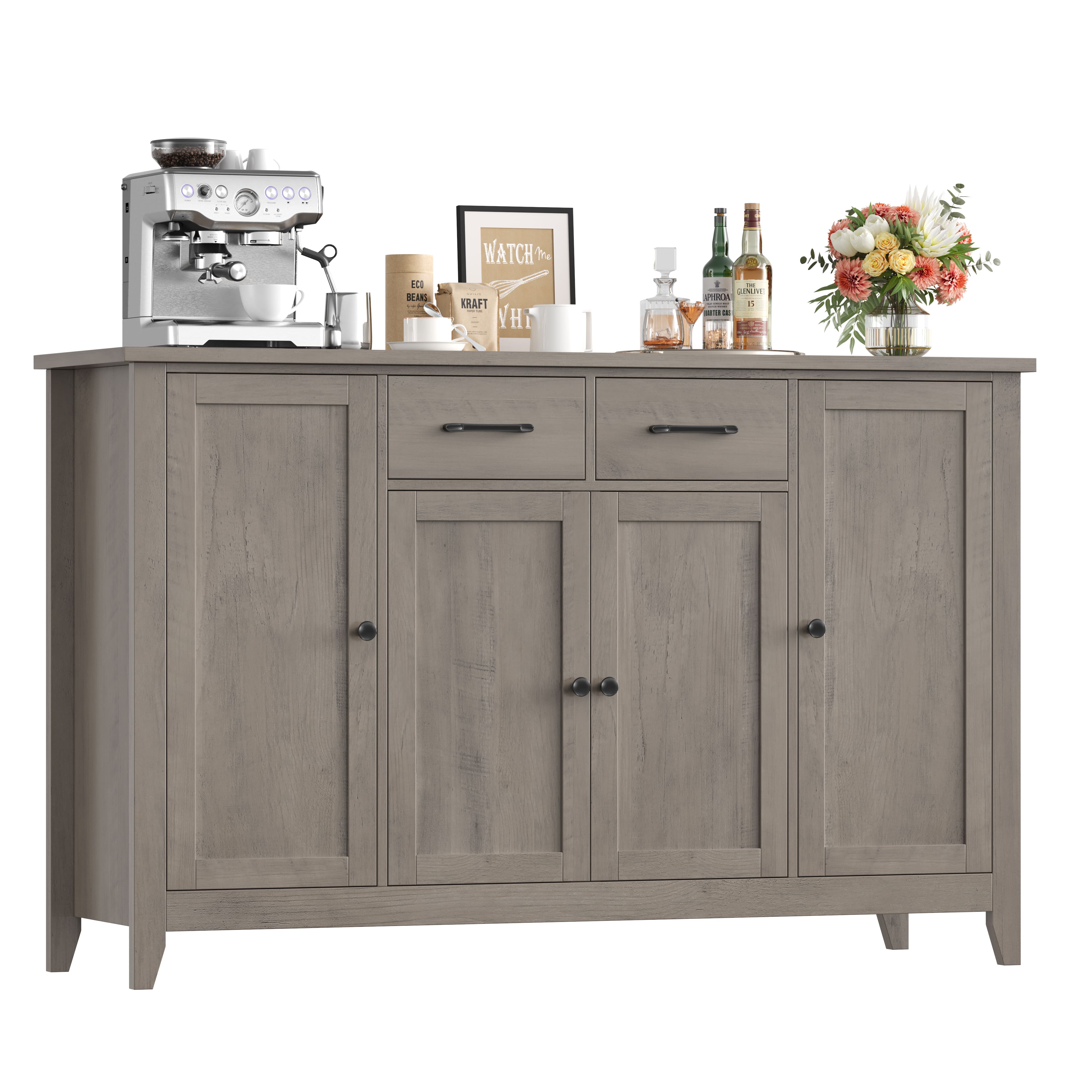 Hiphuta 55" Wide Buffet Cabinet with 2 Drawers & Adjustable Shelves, Modern Coffee Bar Cabinet with 2 Drawers and Sturdy Base for Living Room, Ash Gray