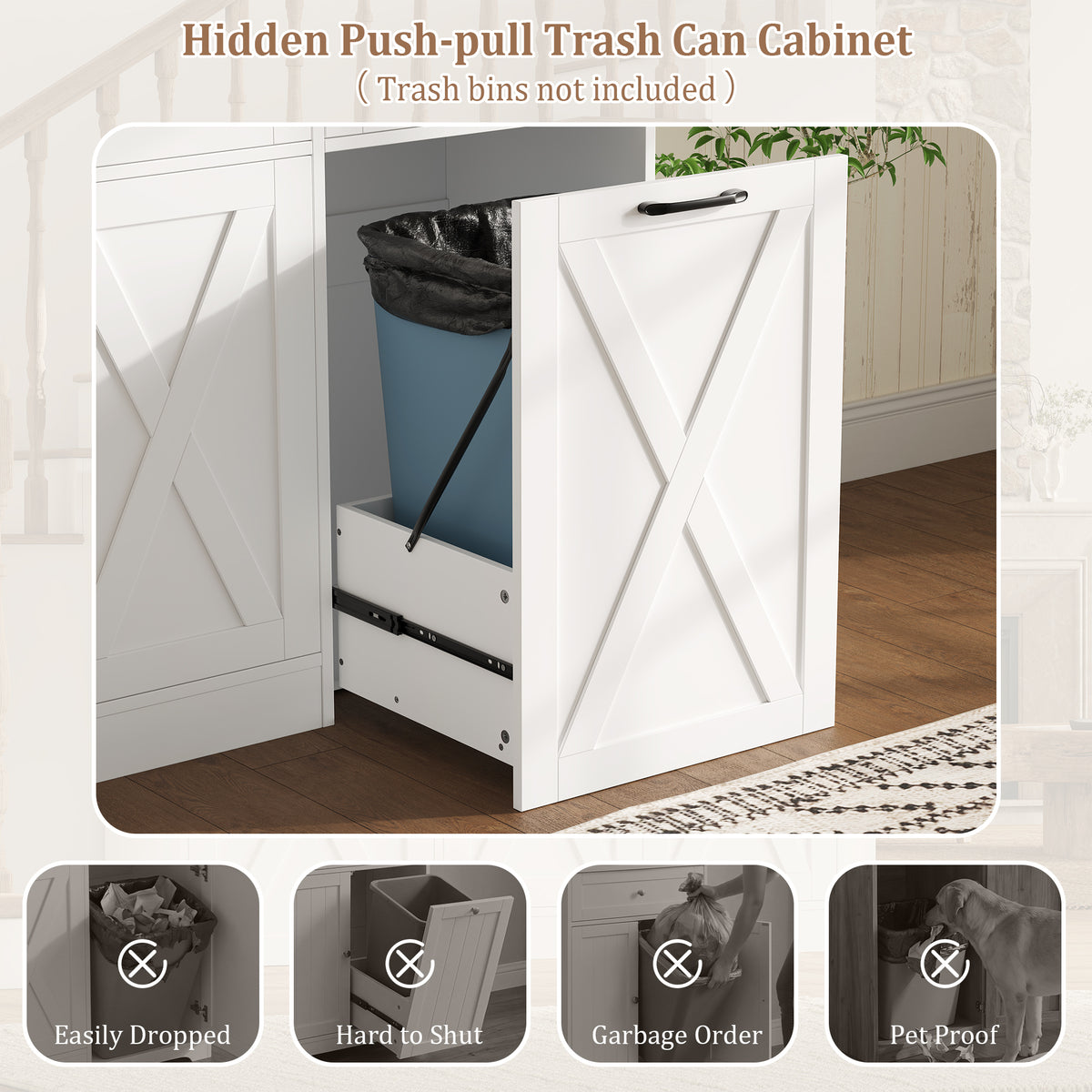 Hiphuta Trash Can Buffet Cabinet Fits 13 Gallon, 47"W Farmhouse Credenza Sideboard with Hidden Garbage Can Cabinet for Dining and Living Room, White