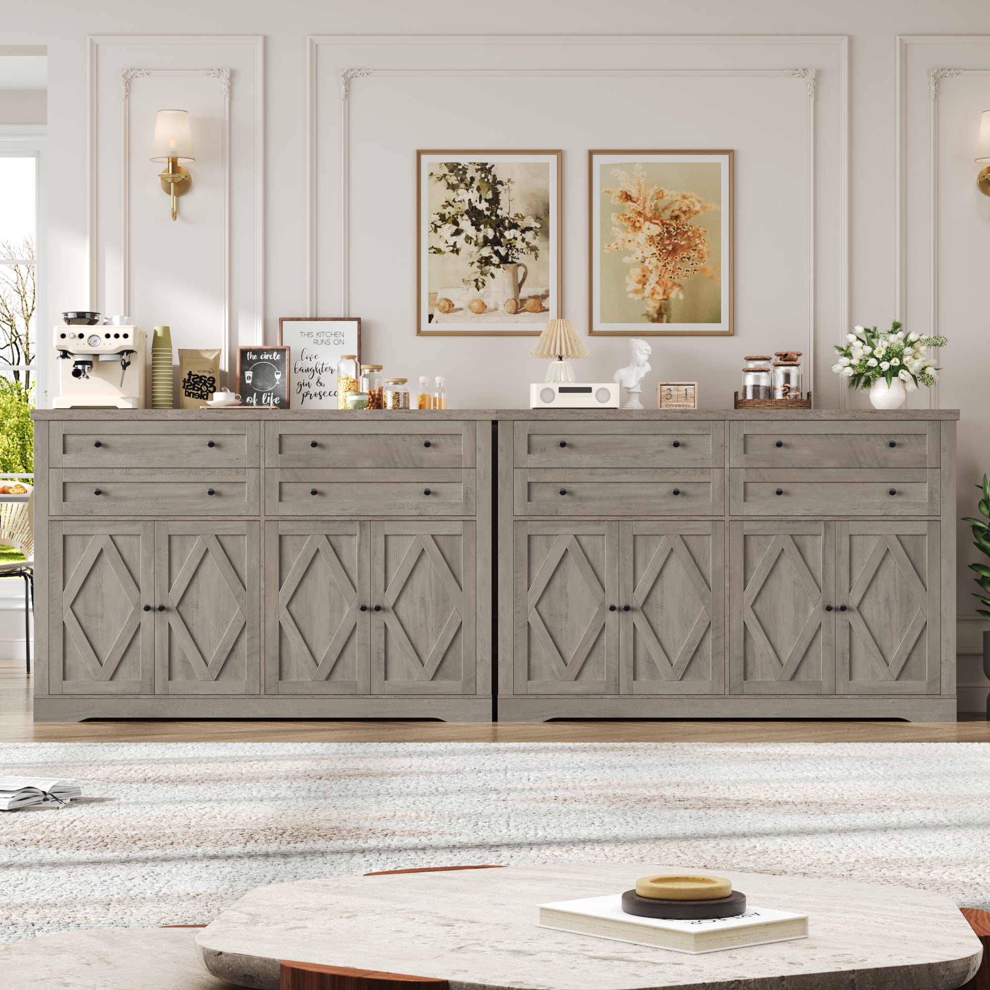 Hiphuta 55" Wide Farmhouse Buffet Storage Cabinets with 2 Adjustable Shelves & 4 Drawers for Living Room, Ash Gray