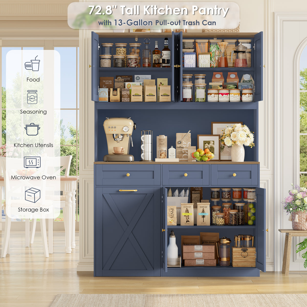 Hiphuta 73” Tall Kitchen Pantry Cabinet Fits 13 Gallon Trash Can Cabinet, Farmhouse Kitchen Storage Hutch with Pull Out Trash Can Storage for Dining Room Living Room, Dark Blue