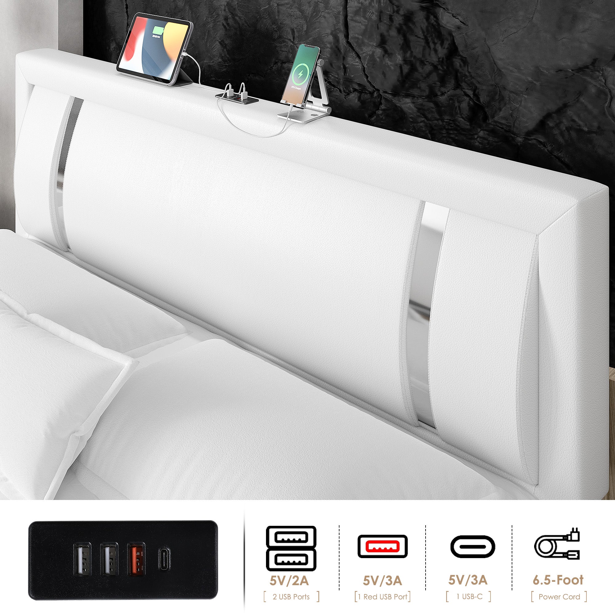 Hiphuta Queen Bed Frame with Adjustable Headboard & LED lights, Modern Upholstered Faux Leather Smart Platform with USB Charging Ports & 2 Drawers, White