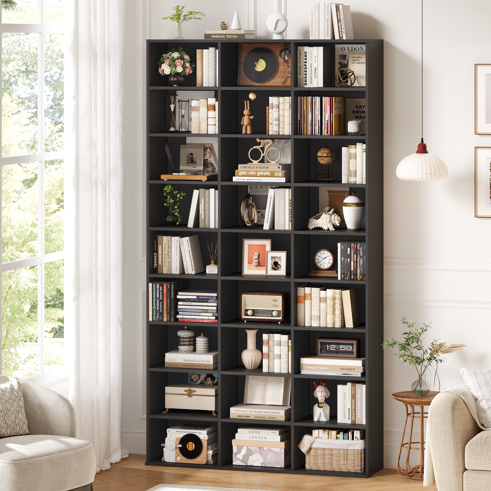 Hiphuta 27-Cube 9-Tier Bookcase, 75" Tall Triple-Wide CD Media Storage Organizer with 15 Adjustable Shelves, Freestanding Display Shelf, Black