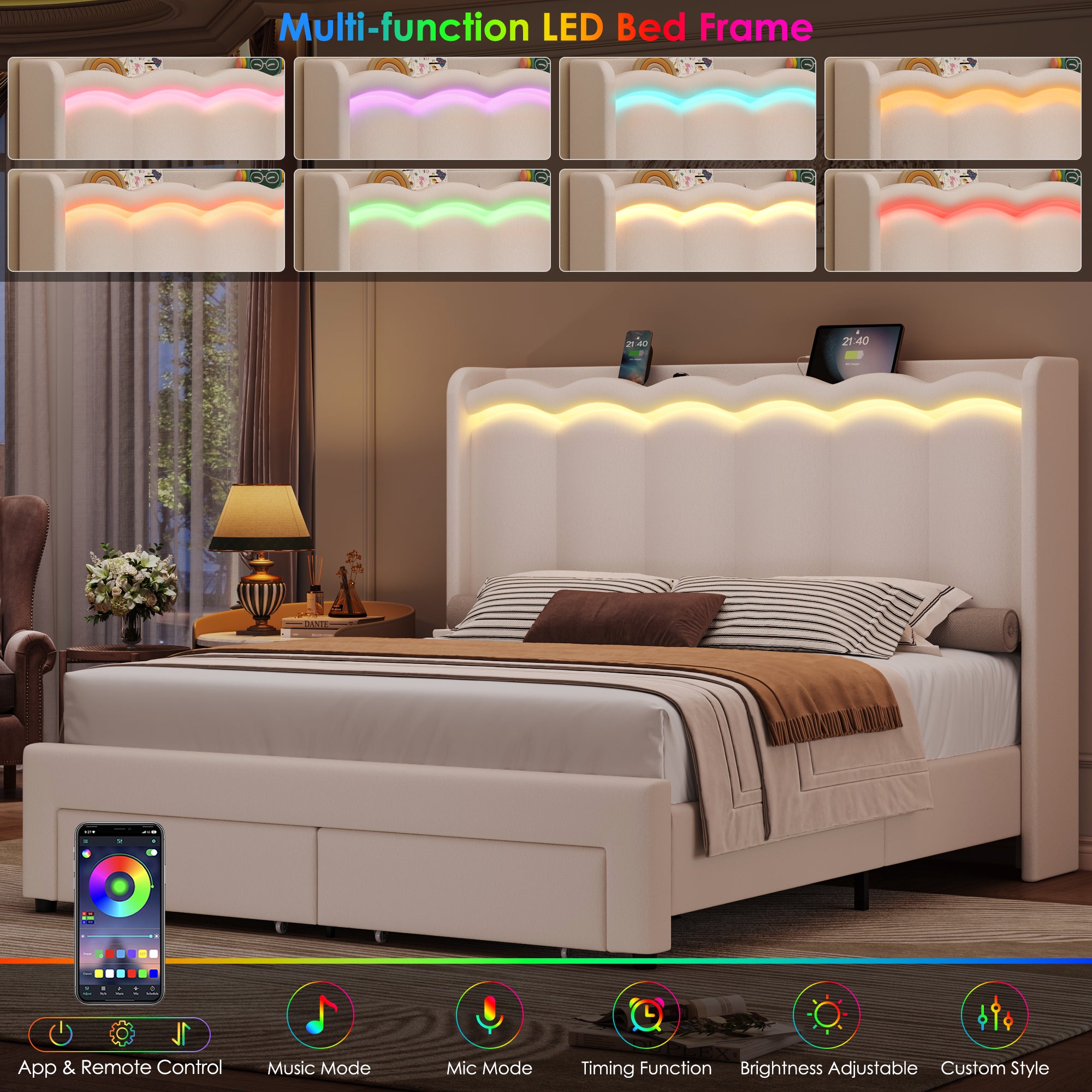 Hiphuta Queen Size Bed with Power Outlet & LED, Upholstered Velvet Beds with Drawer, Queen Beds with Headboard Storage, Beige