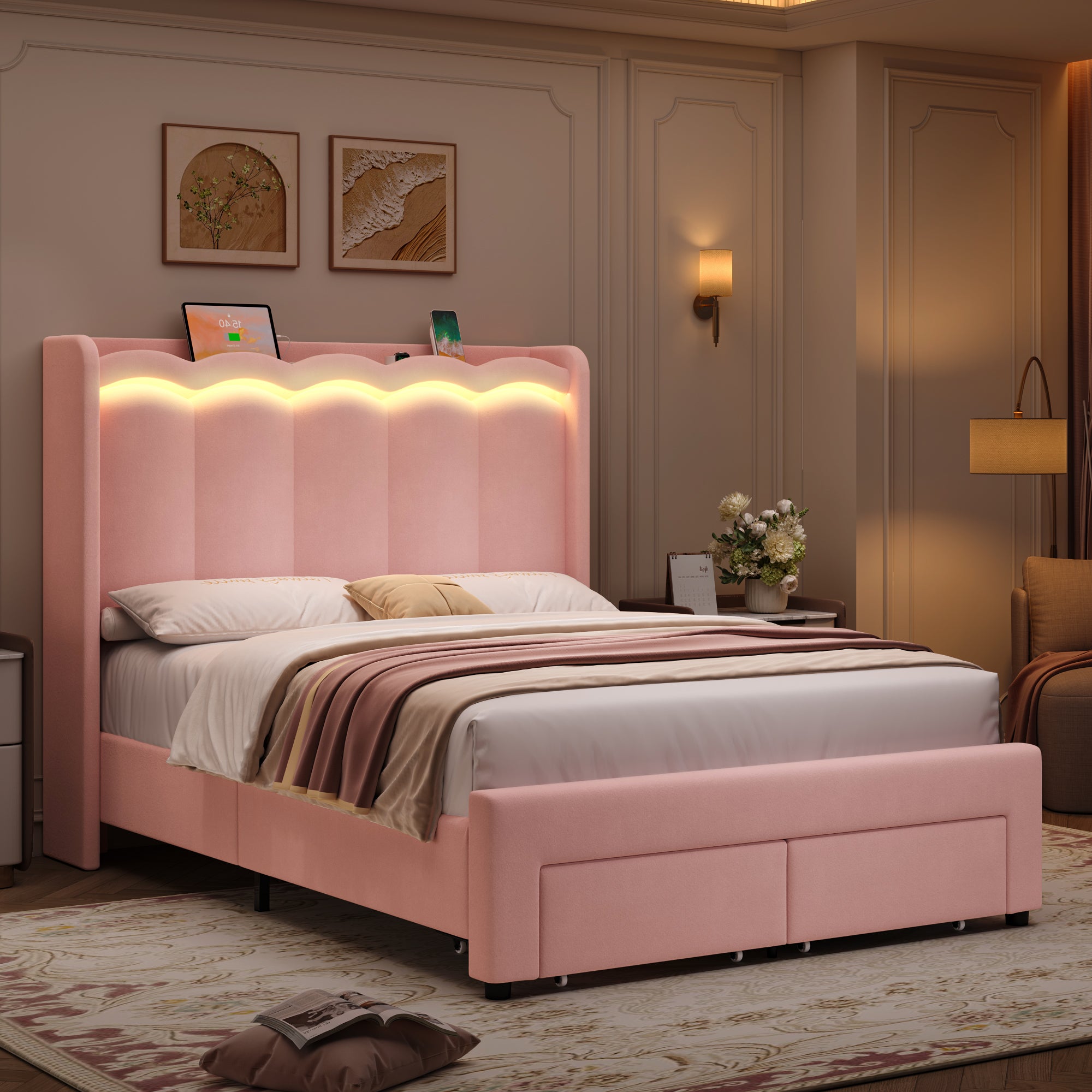 Hiphuta Full Size Bed with Power Outlet & LED, Upholstered Princess Beds with Drawer, Full Beds with Headboard Storage, Pink