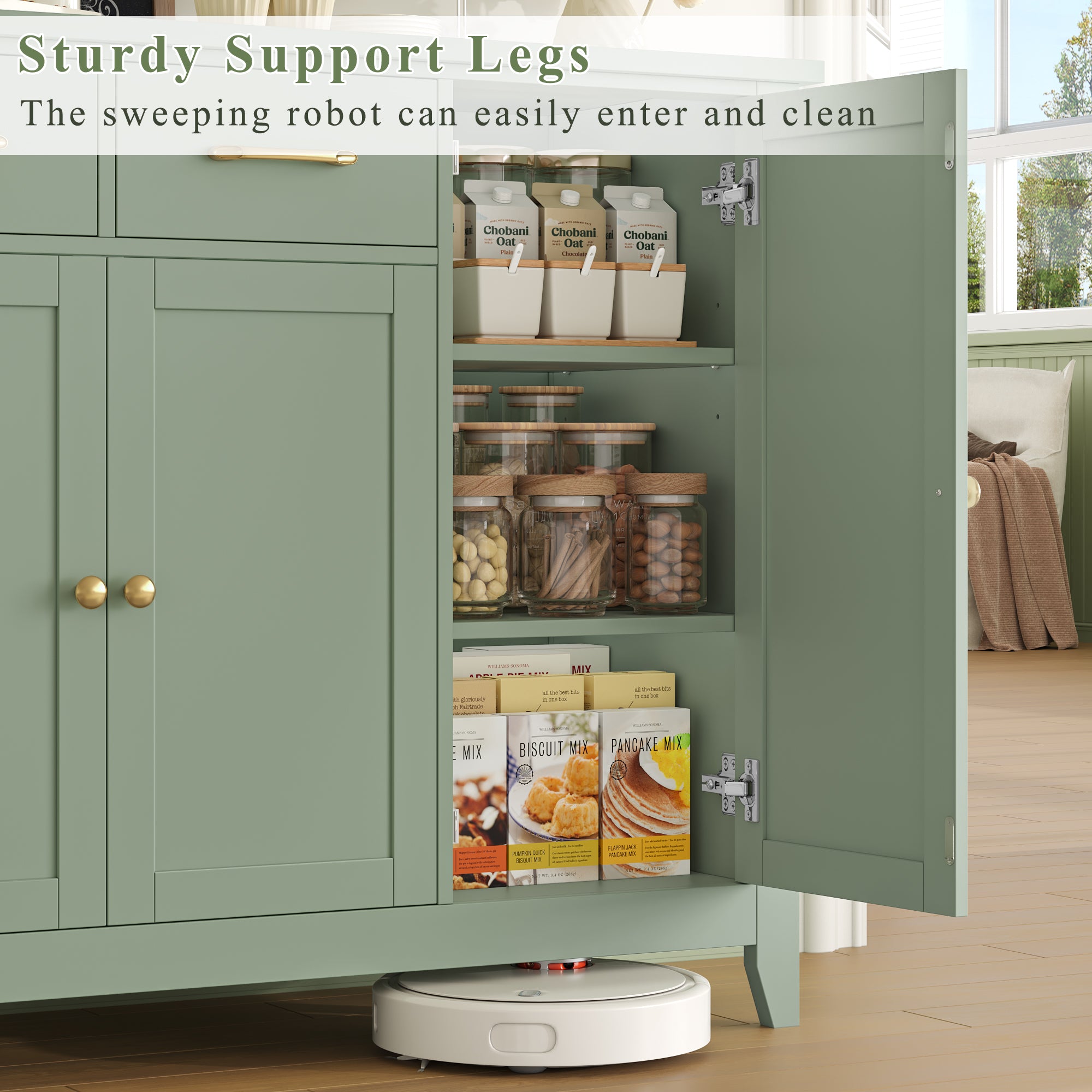 Hiphuta 55" Wide Buffet Cabinet with 2 Drawers & Adjustable Shelves, Modern Coffee Bar Cabinet with 2 Drawers and Sturdy Base for Living Room, Green