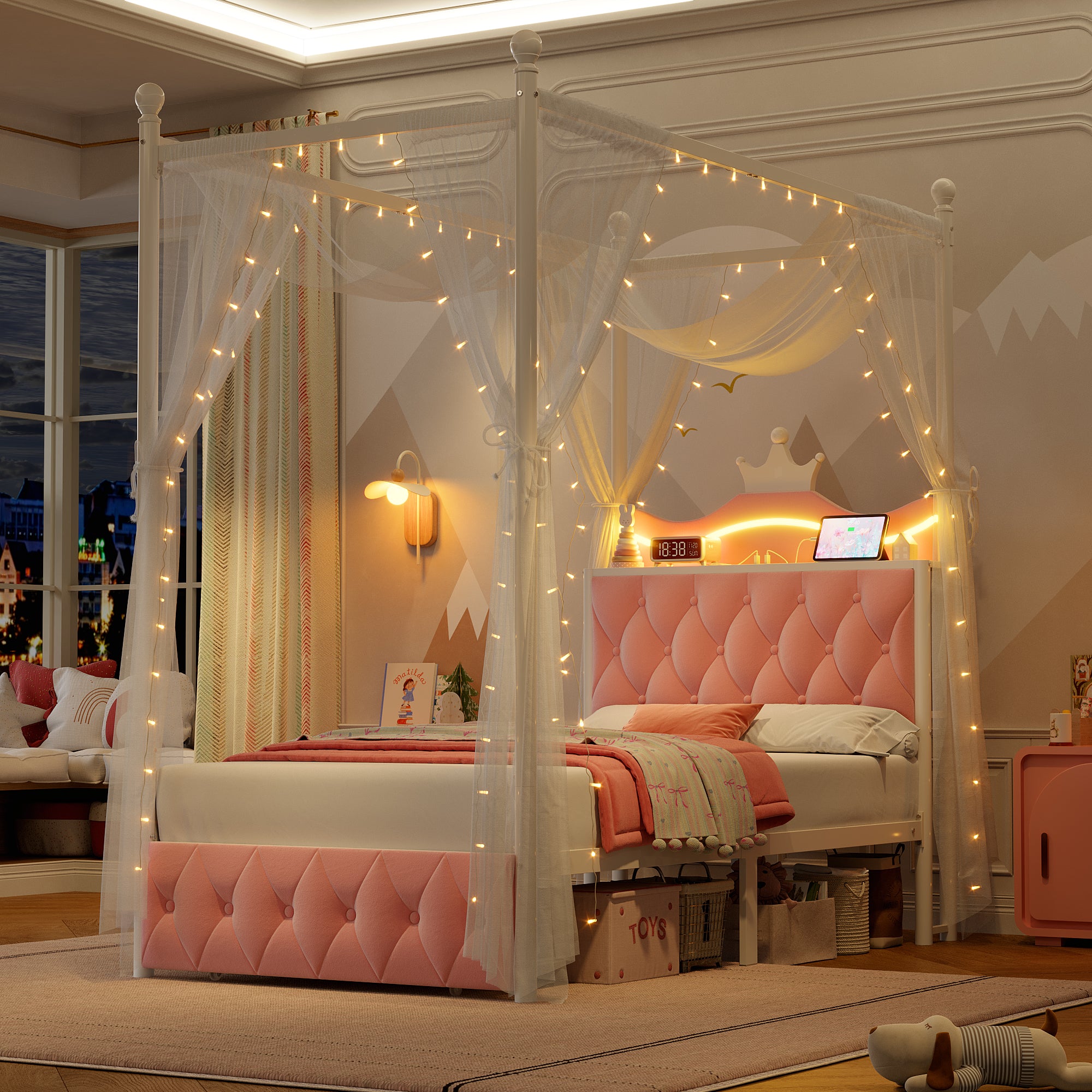 Hiphuta Twin Size Crown Canopy Bed with Power Outlet & LED, Upholstered Princess Beds with 4 Removable Posts, Twin Bed Frame, Pink