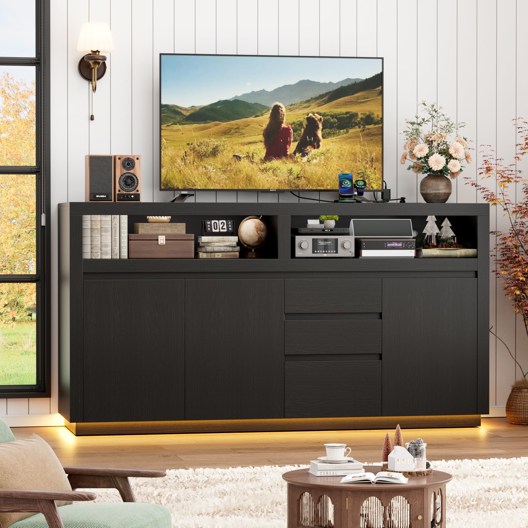 Hiphuta Farmhouse TV Stand with RGB LED, Modern Entertainment Center with Doors and Drawers, Black