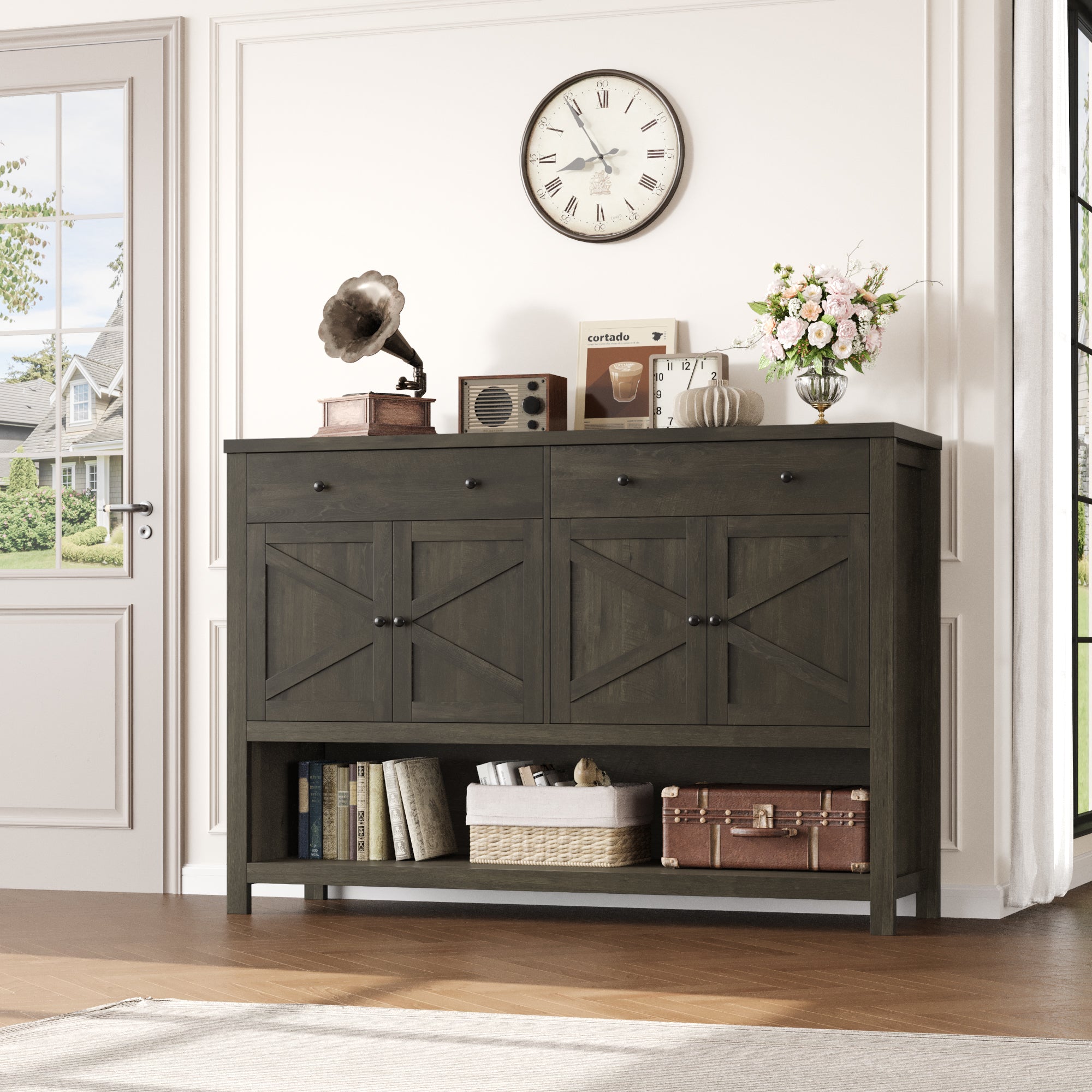 Hiphuta 55" Wide Console Table with 2 Drawers and 2 Double-Door Cabinet, Farmhouse Sideboard Dark Brown