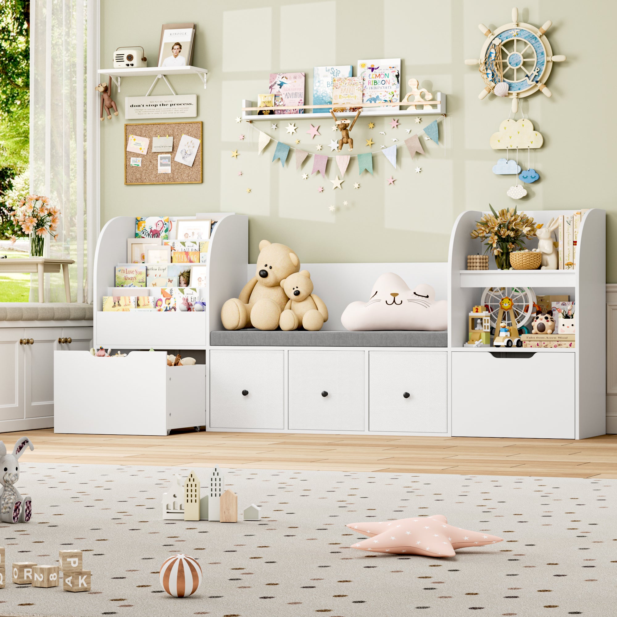 Hiphuta 71" Wide Kids Bookcase with Reading Nook, Large Toy Storage Organizer with 5 Drawers and Seat Cushion, White